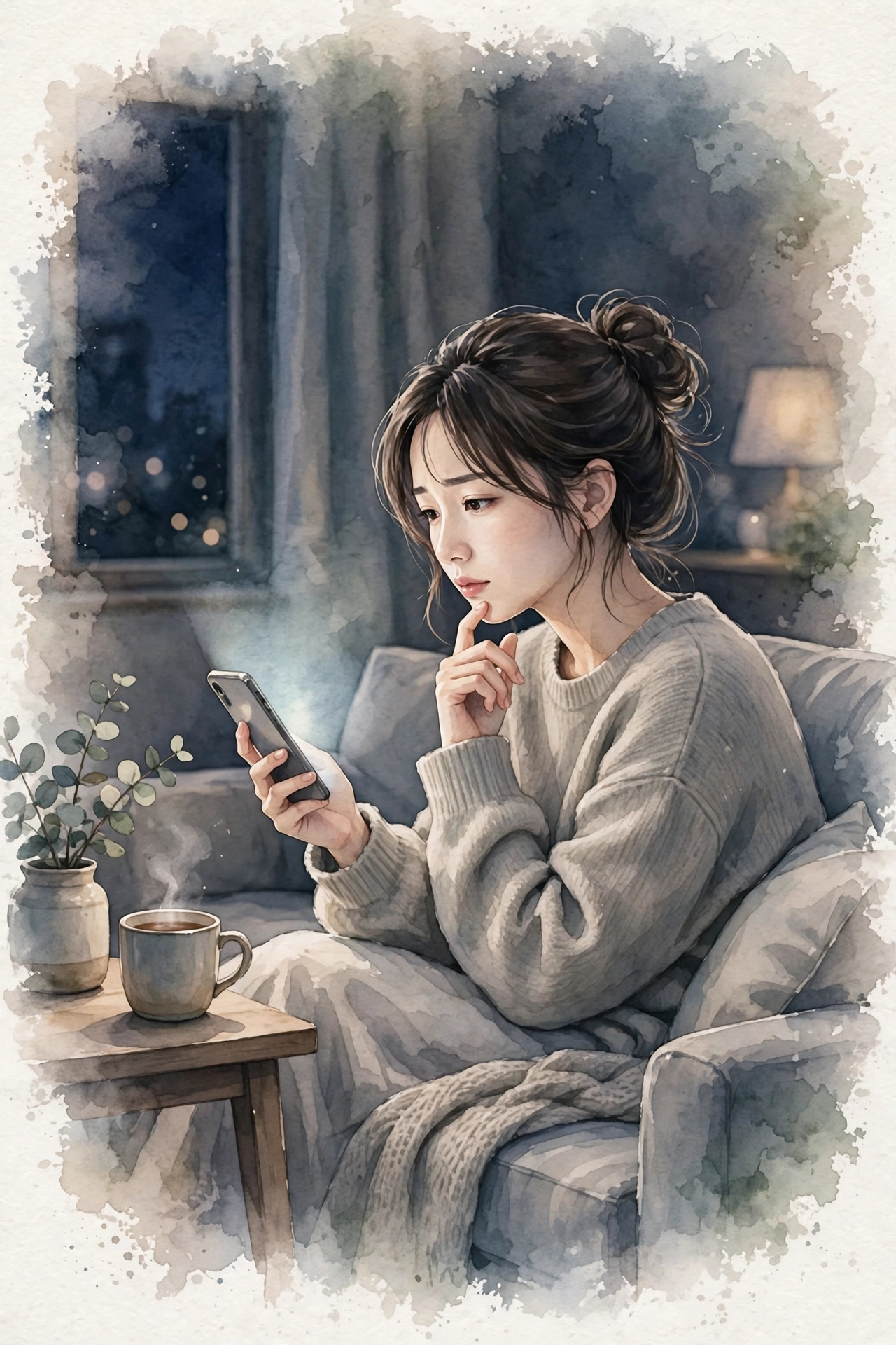 夜、ソファでスマートフォンを持ち、返信文を考え込む女性のイラスト