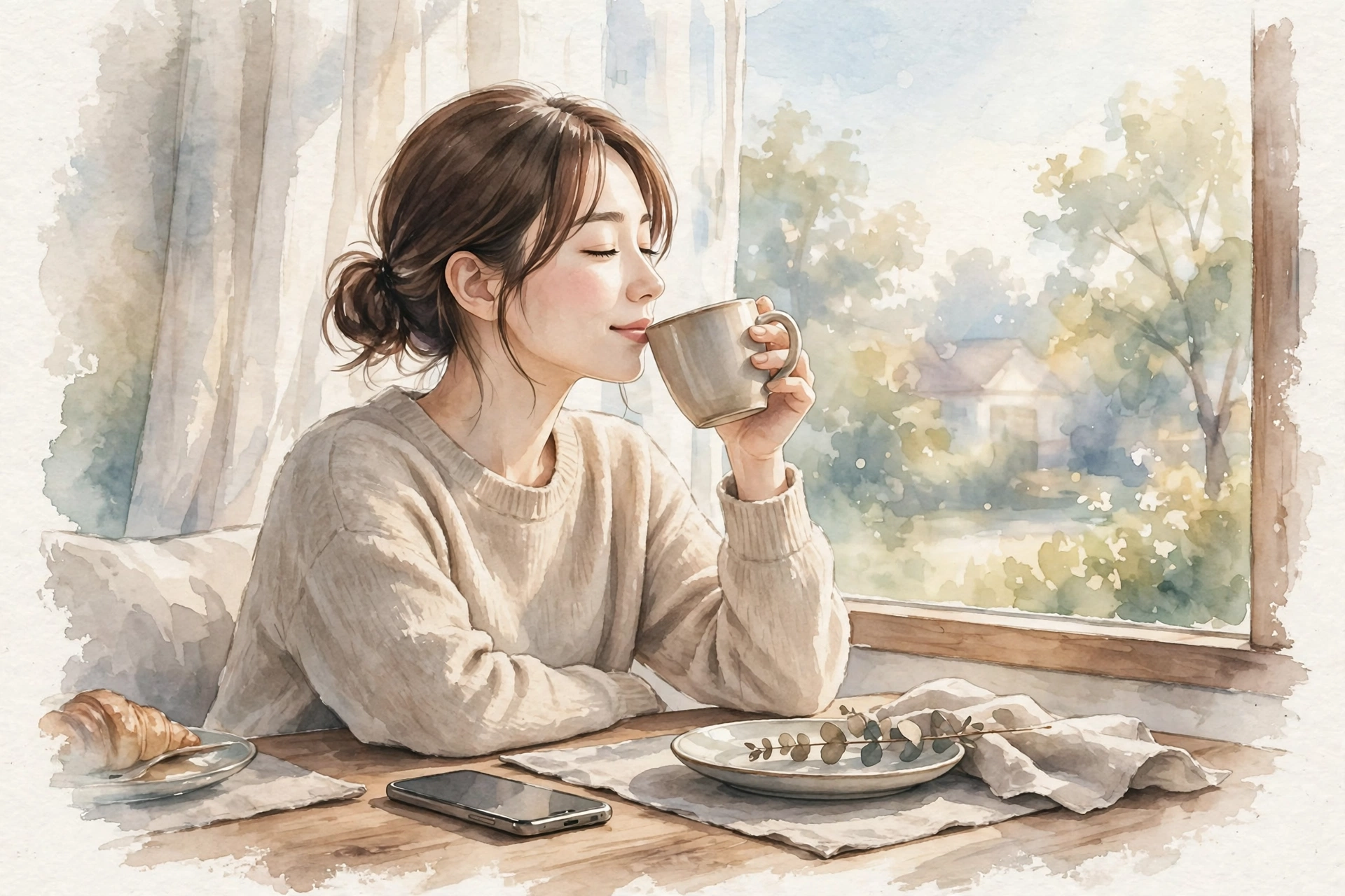 朝の窓辺でスマートフォンを伏せ、温かい飲み物を飲んでほっとする女性のイラスト