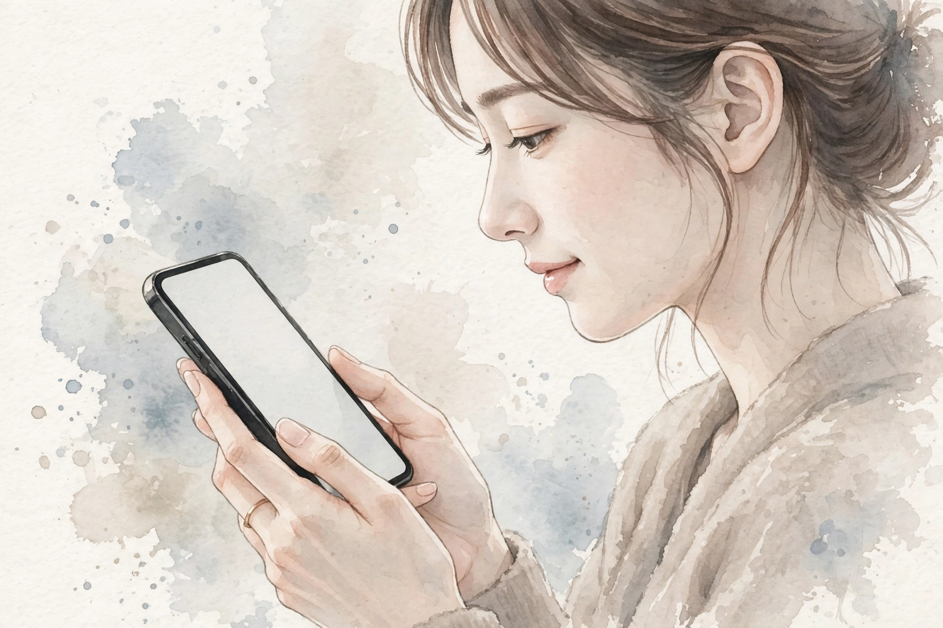 メッセージを送る前に、少し考えて微笑む女性の手元と横顔のイラスト