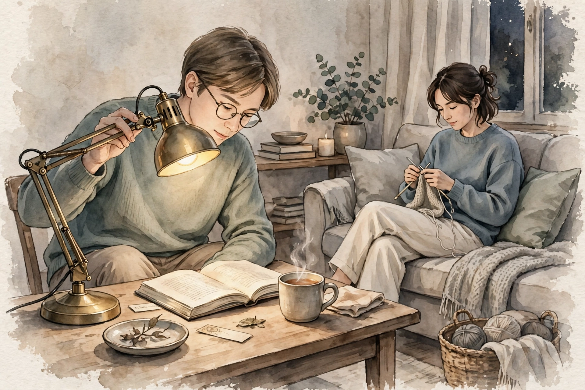 手元灯の向きを調整して読書する手元