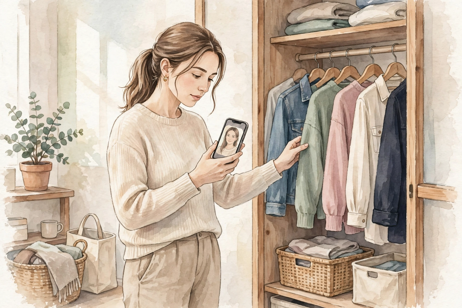 クローゼットの前で服を選びながらプロフィール写真を見返す女性