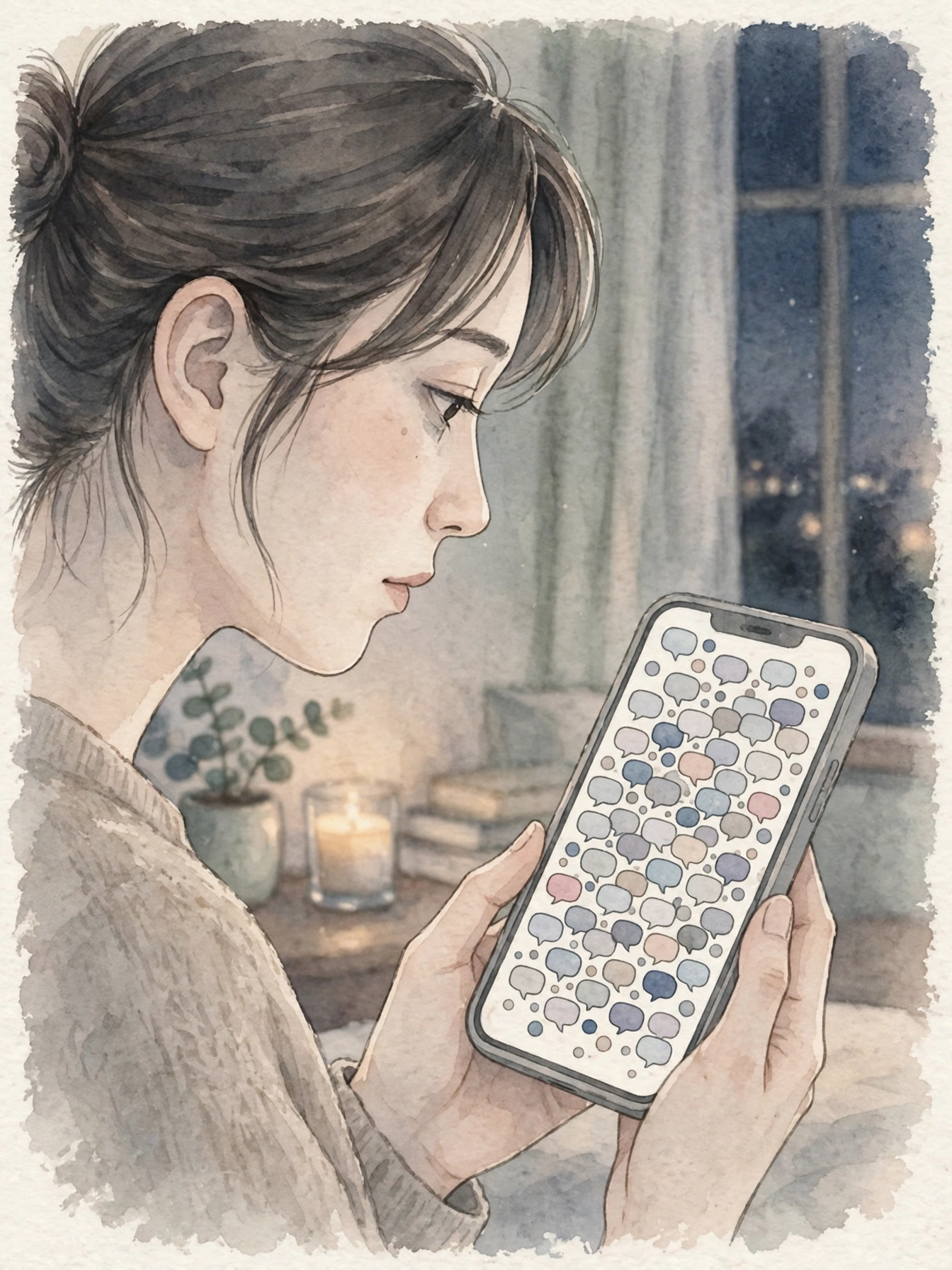 通知が溜まったスマホを眺める女性の横顔と手元