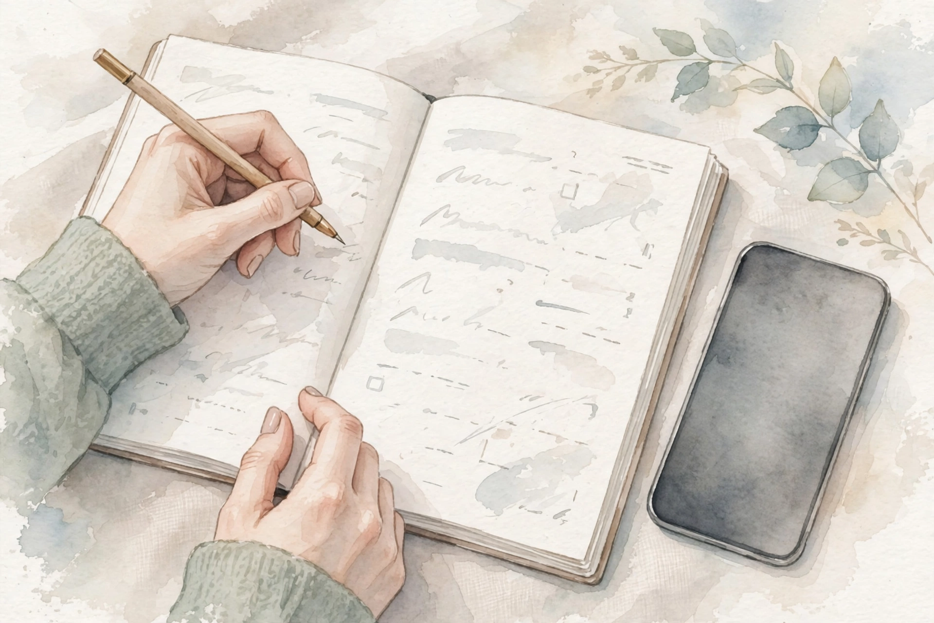 紙の手帳に予定を書き込む手元と伏せたスマホ