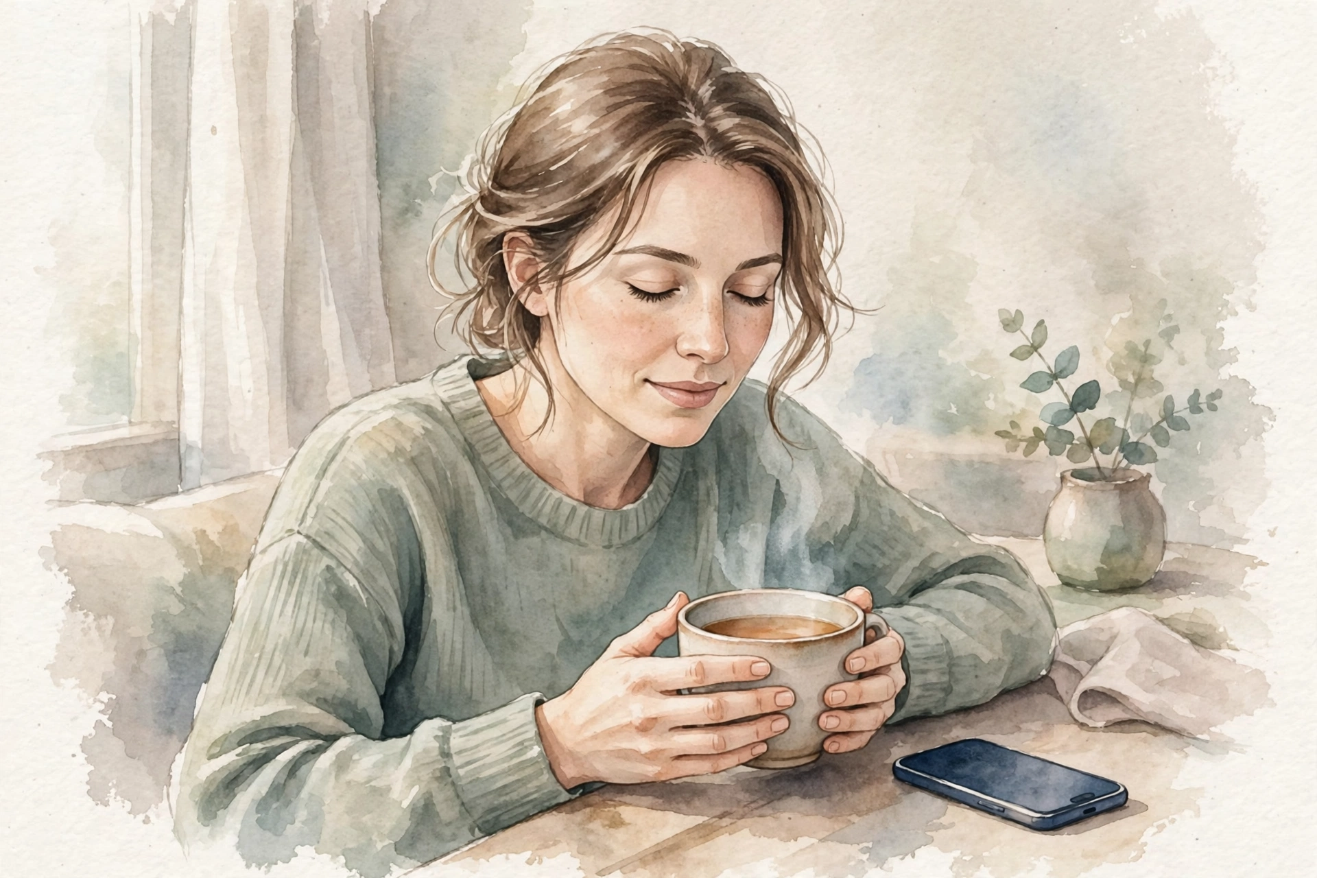 スマホを伏せてお茶を両手で持つ女性