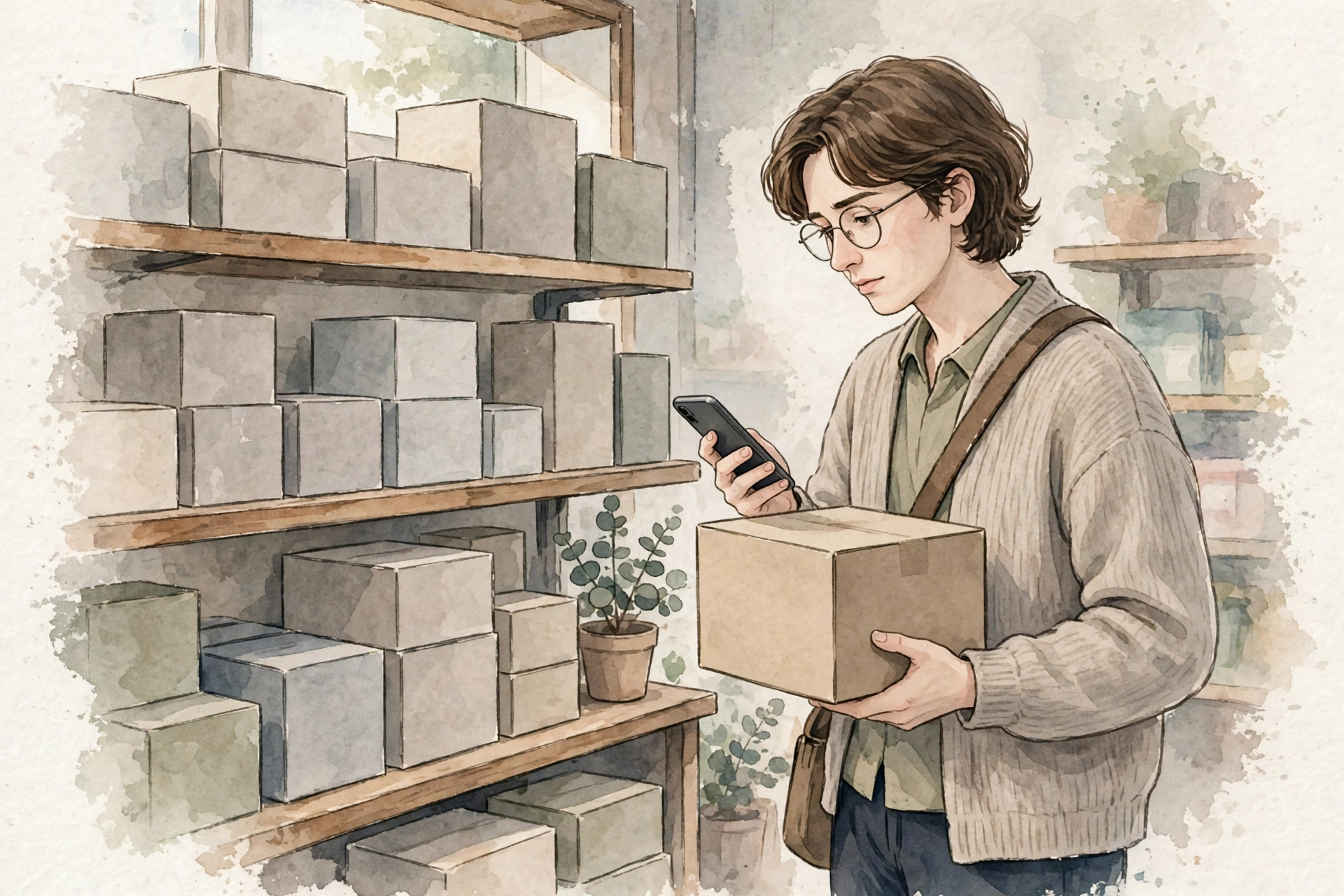 店の棚の前で特売品を手に、スマホで相手に確認する人