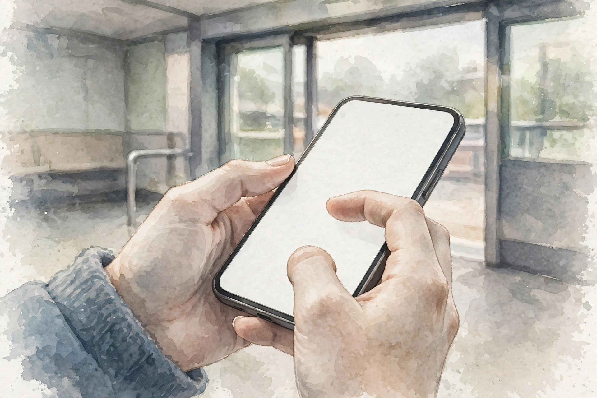 出口付近で立ち止まり、スマホで短いメッセージを打つ手元