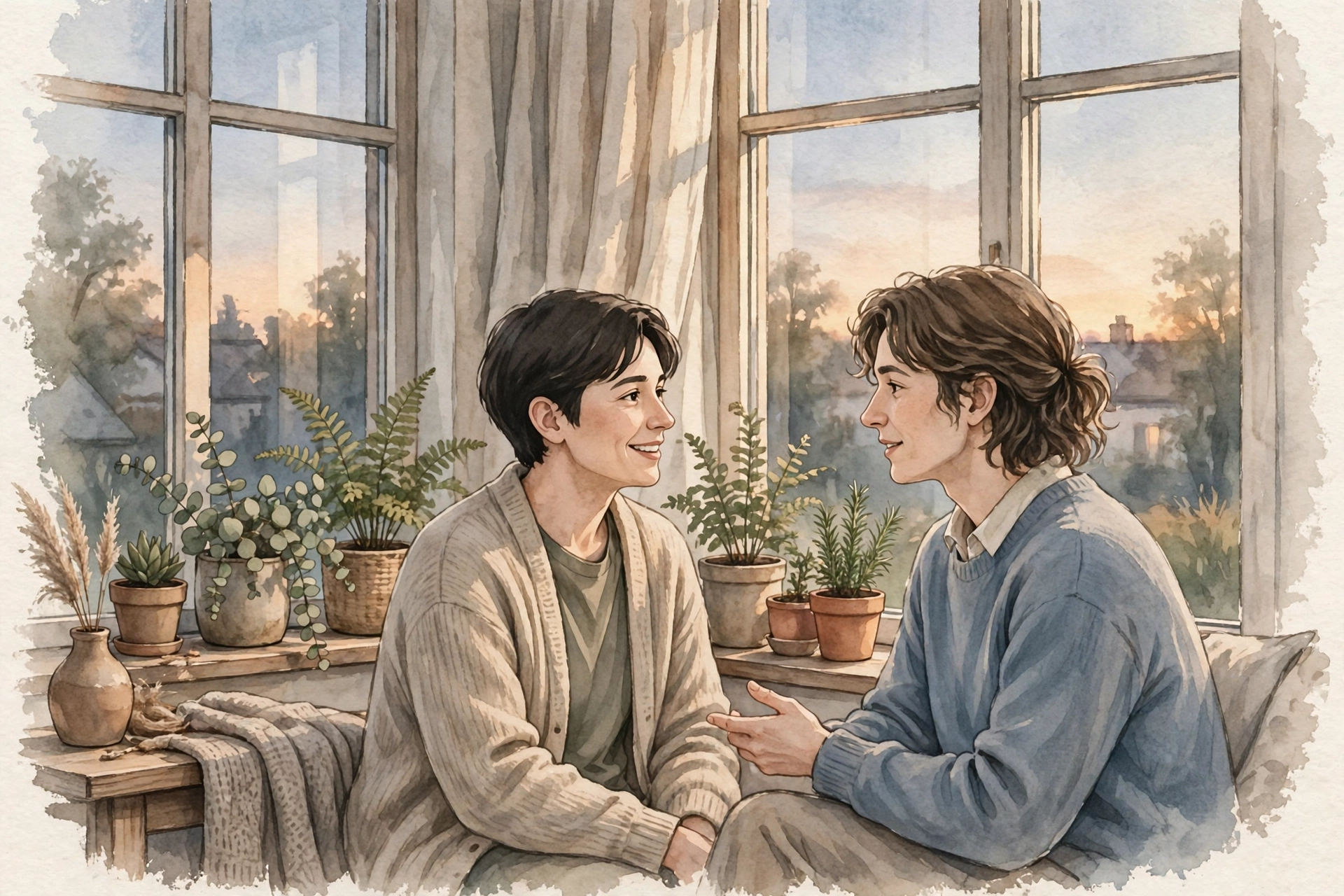 帰宅後、窓辺の植物を見ながら話す二人の水彩風イラスト