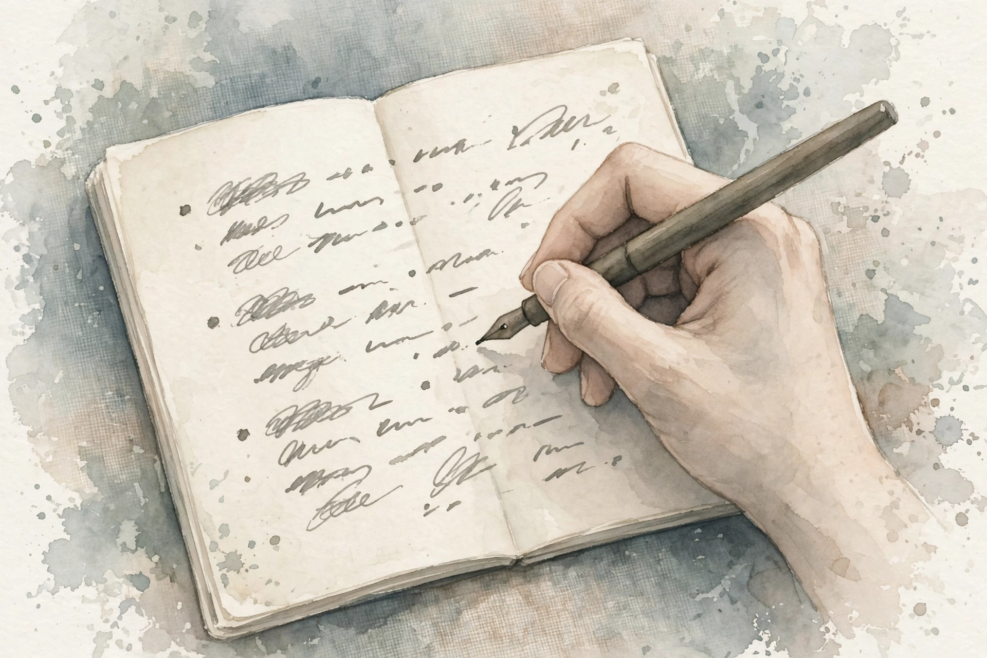 ノートに理由を書き出す手元の水彩風イラスト