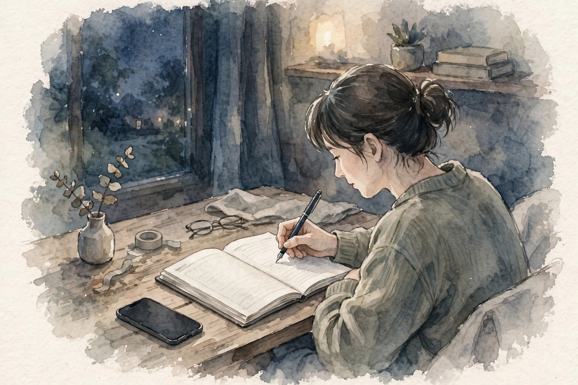 夜の部屋でスマホを伏せ、手帳に予定を書き込む人