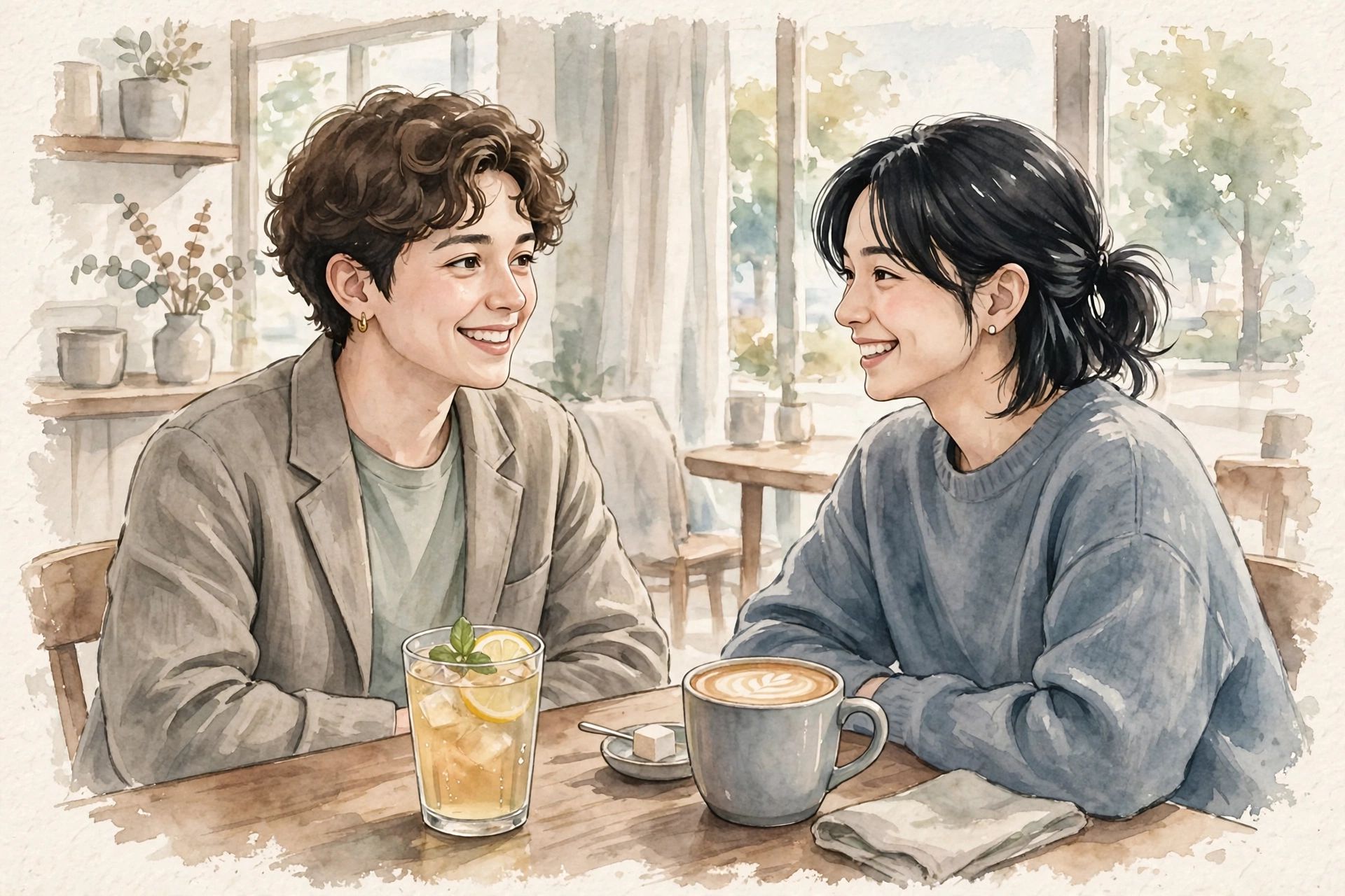 昼のカフェで友人と笑顔で過ごす人