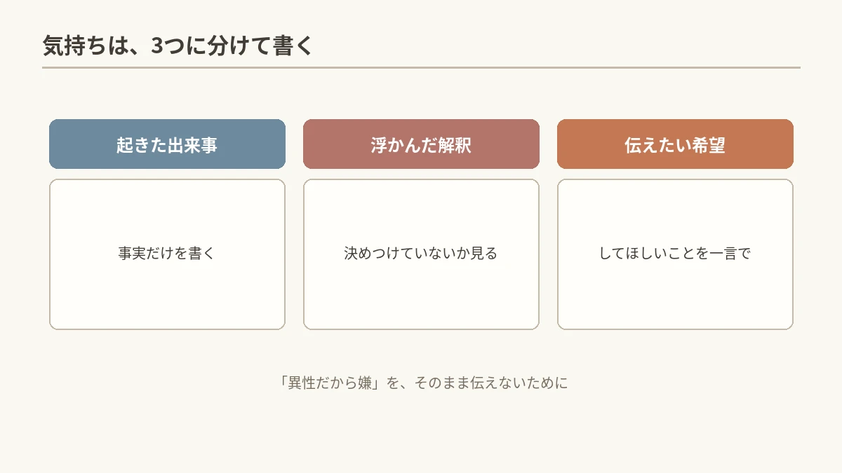 出来事・解釈・希望の3欄に分けて書く図解