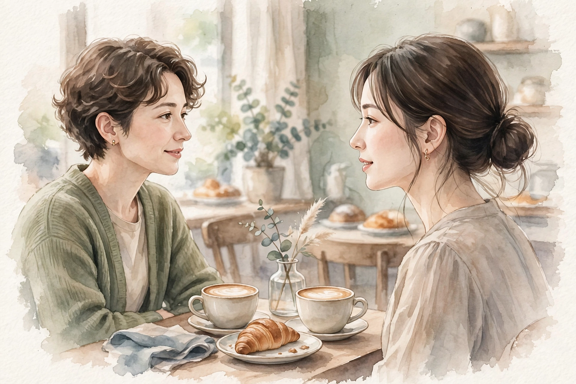カフェで向き合って話す二人