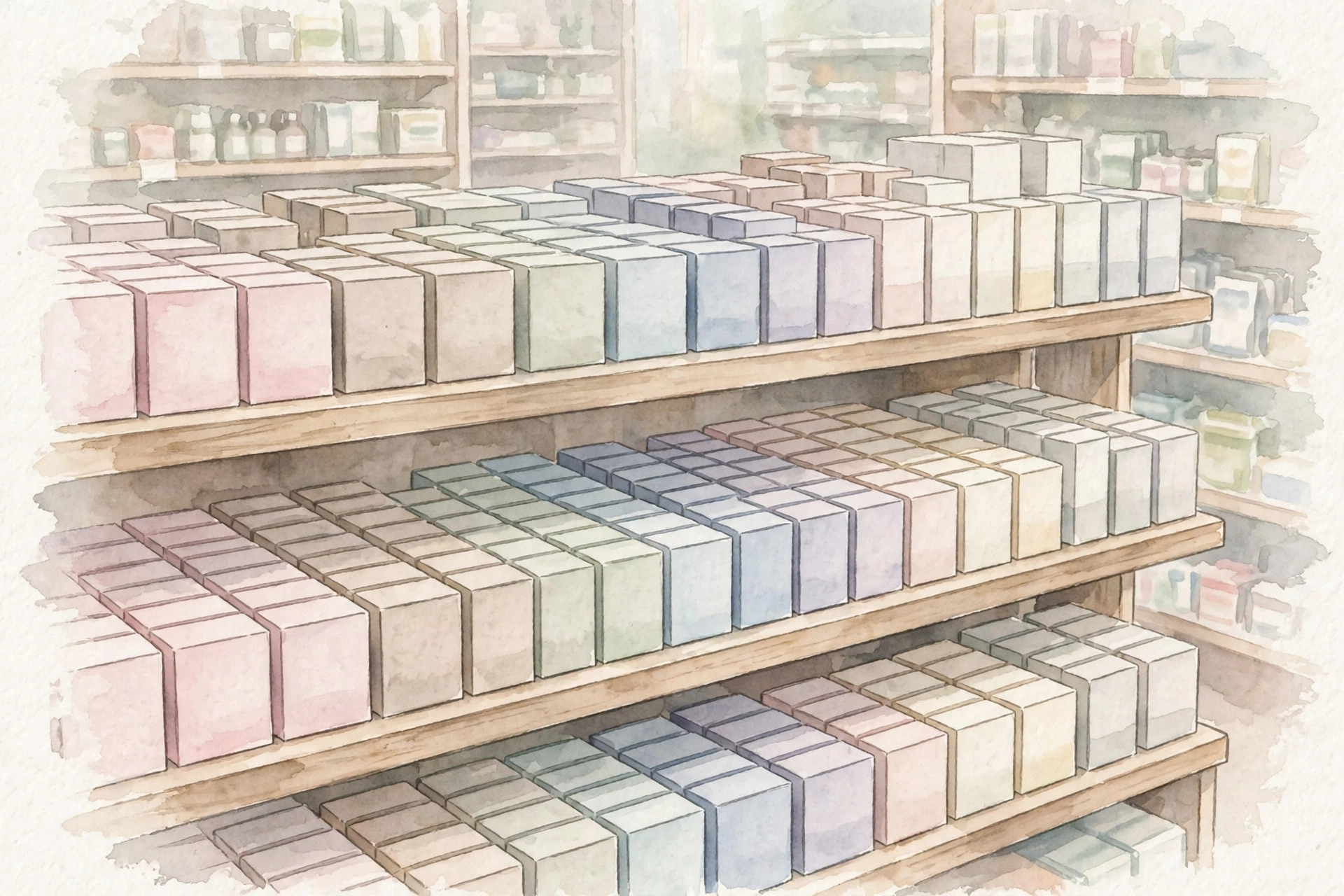 ドラッグストアの棚に並ぶ商品