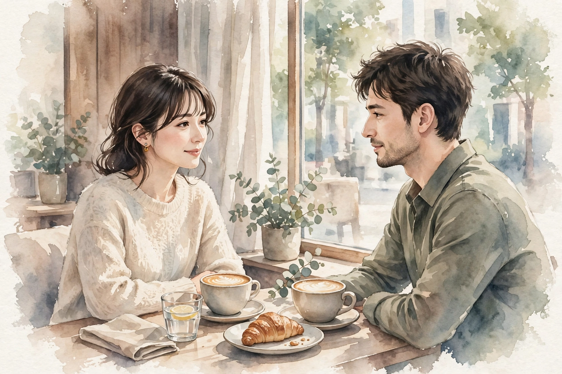 カフェで向き合って話す二人
