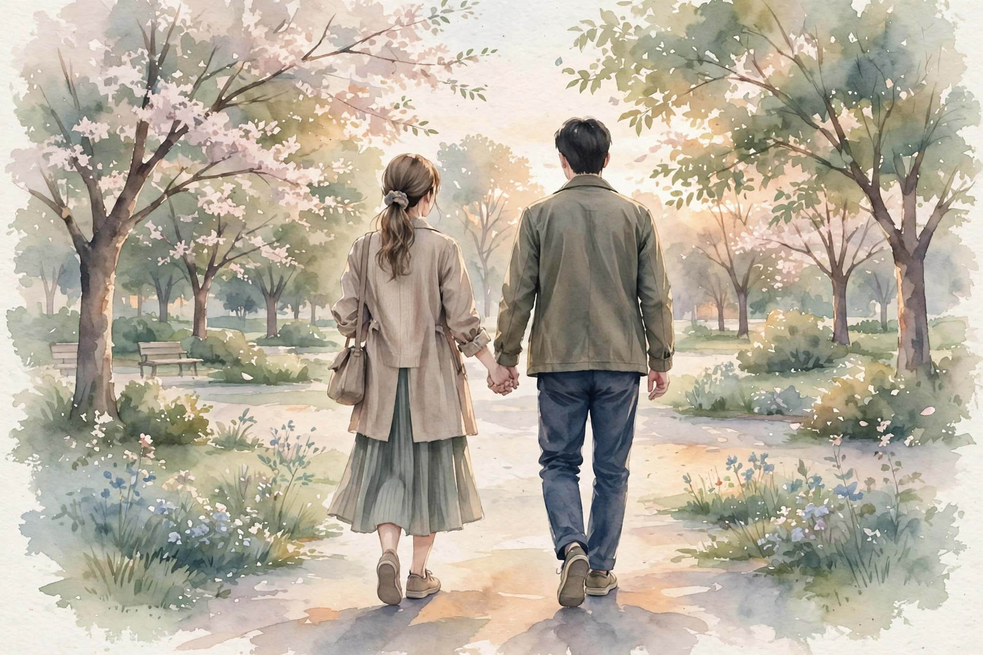 手をつないで歩く二人