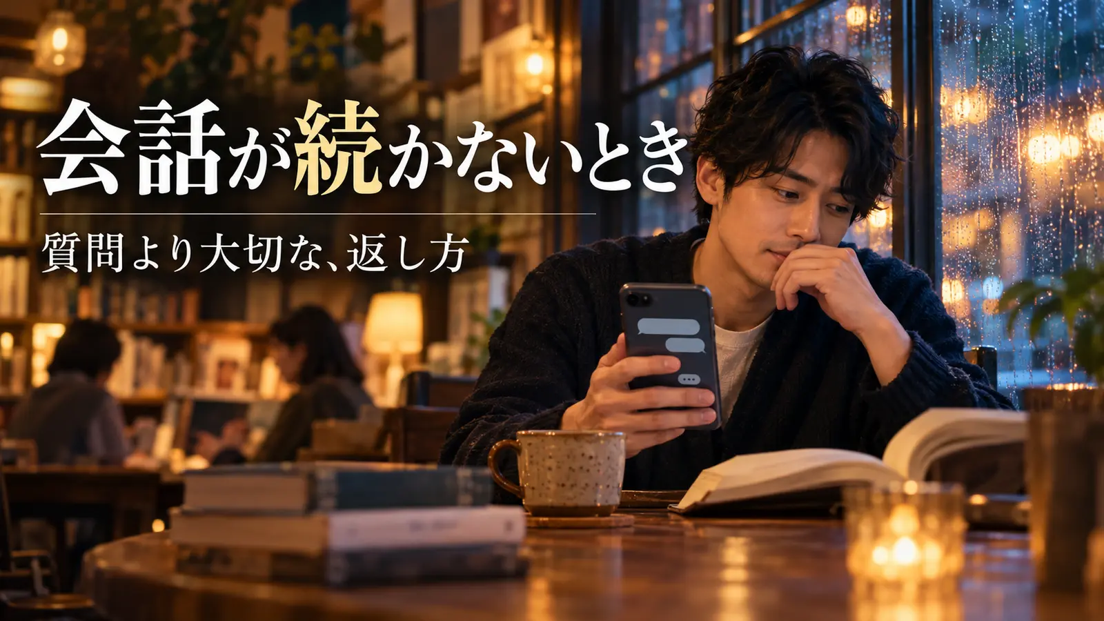 雨の窓辺のカフェで開いた本とスマートフォンを前に返信を考える男性