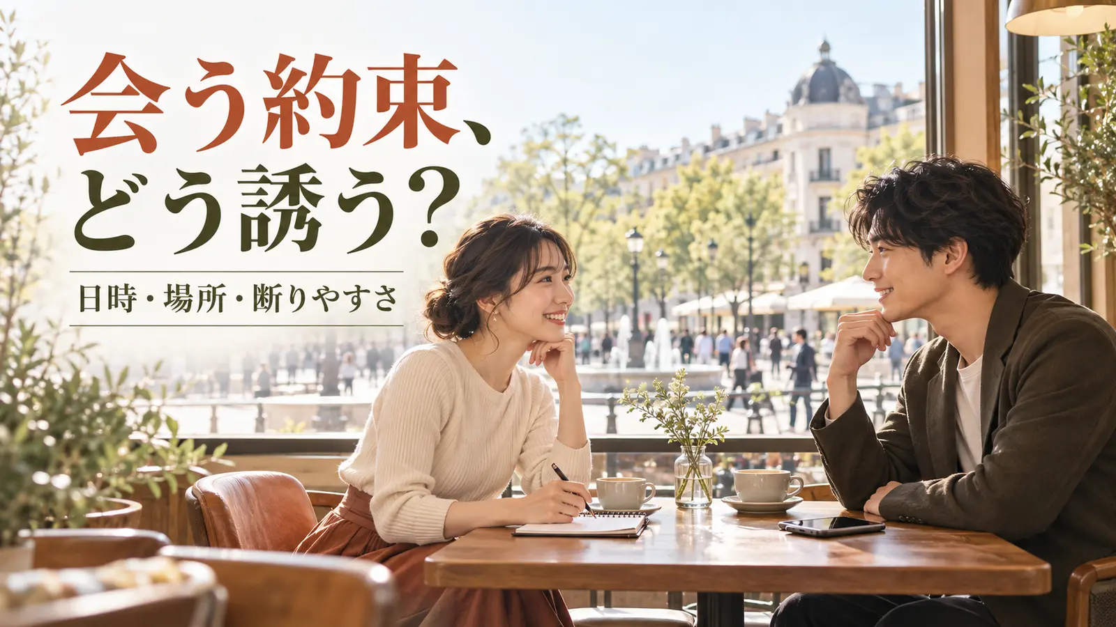 街の広場に面したカフェで互いの希望を聞きながら話す男女