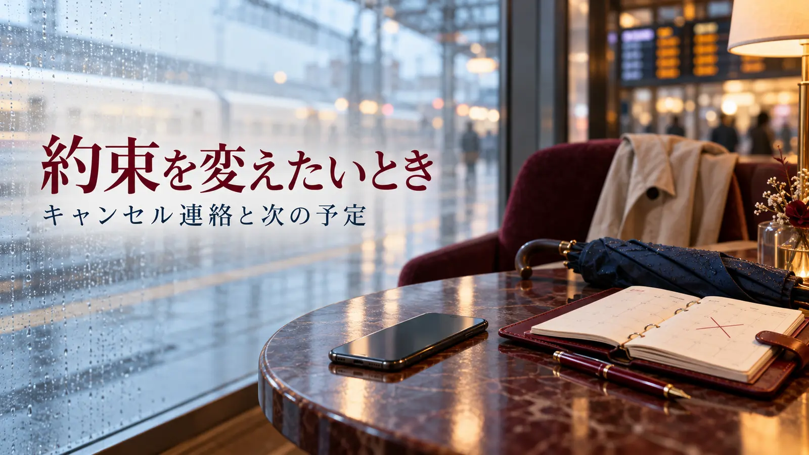 雨の日の駅の窓辺、変更印のある予定表とスマートフォン、傘