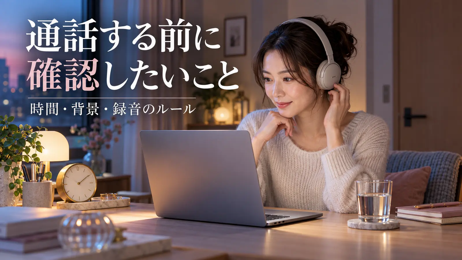 時計と水を置いた机で通話前にヘッドホンを確認する女性
