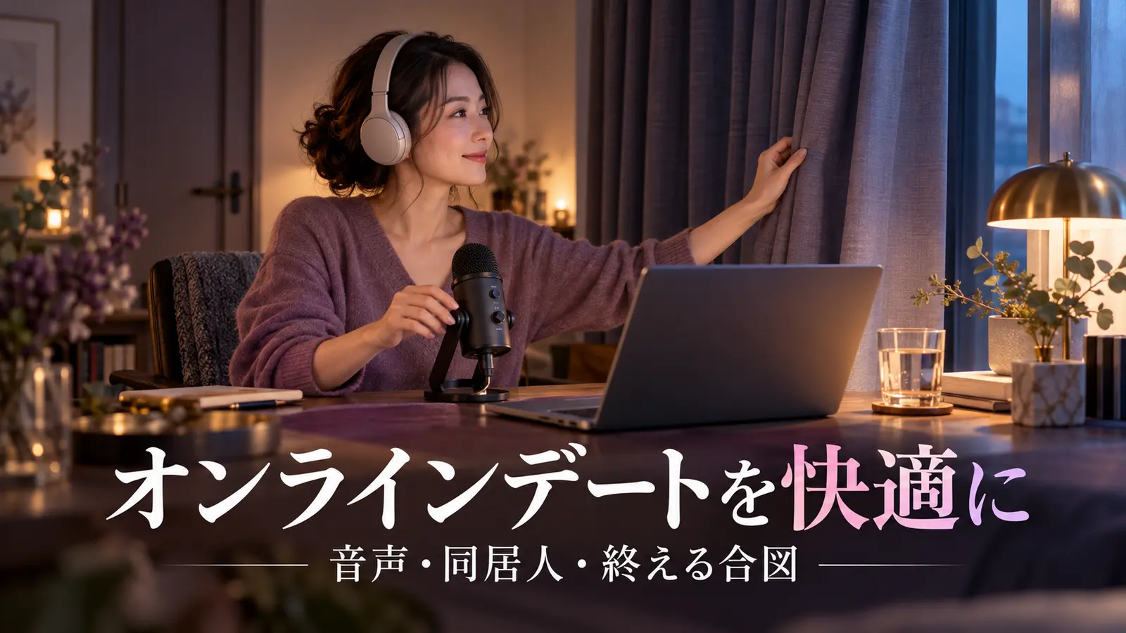 夕方の自宅でオンライン通話の音声や周囲の環境を確認する女性