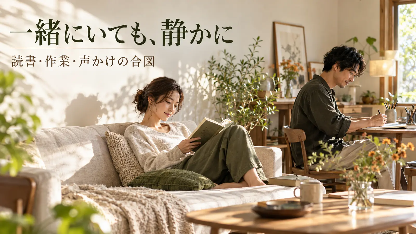 同じ部屋で女性が読書し男性が机で作業する静かな時間