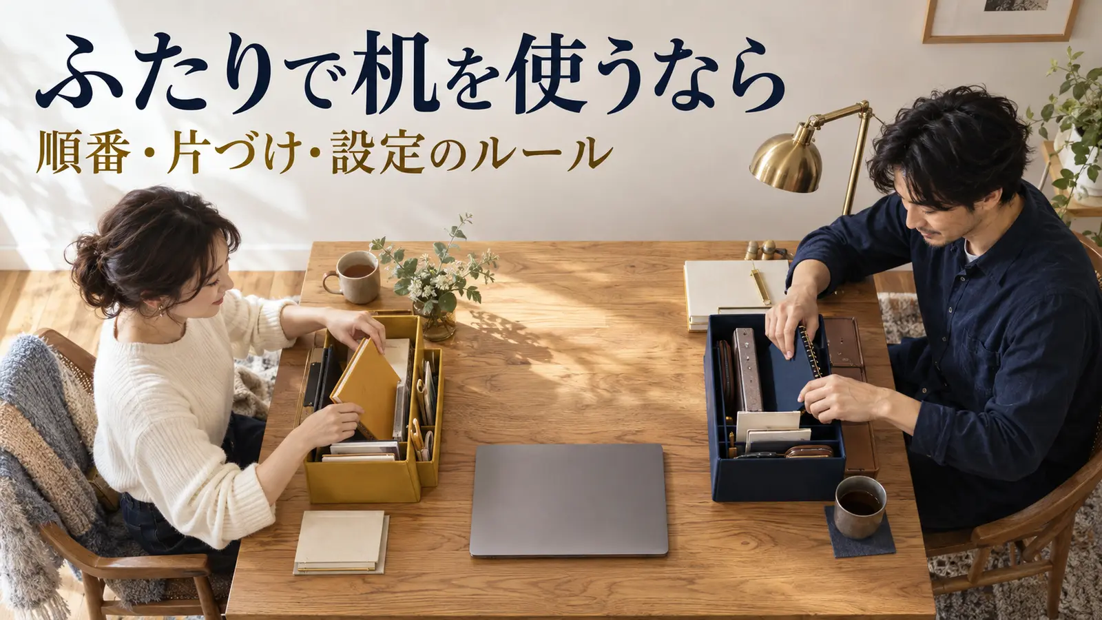 一つの机を二人で使うための収納箱とパソコンを整える男女
