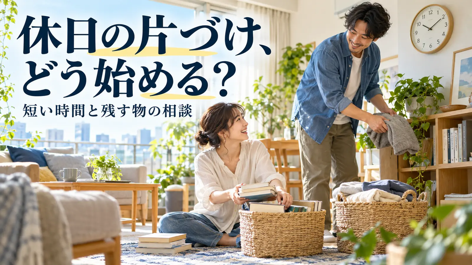 休日に二人でかごへ本や衣類を分けて片づける様子