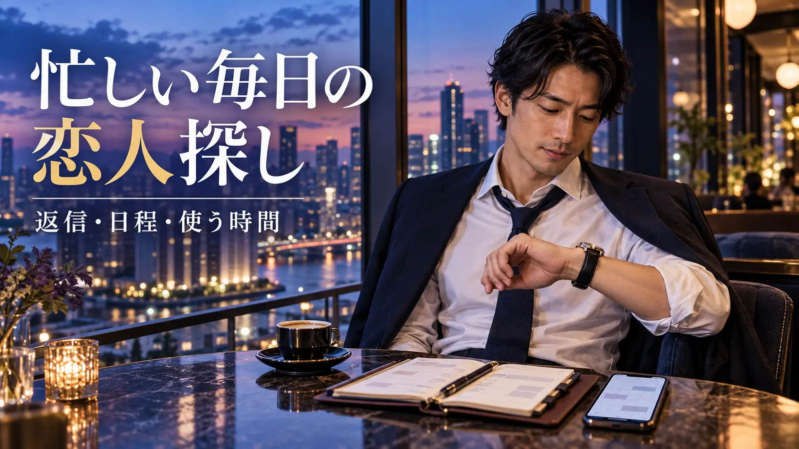 夕暮れの都市のカフェで手帳とスマートフォンを前に腕時計を確かめる男性