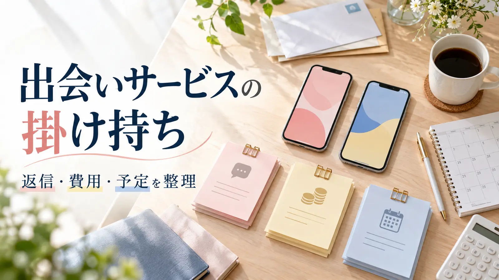 二台のスマートフォンと返信・費用・予定を整理するメモ類