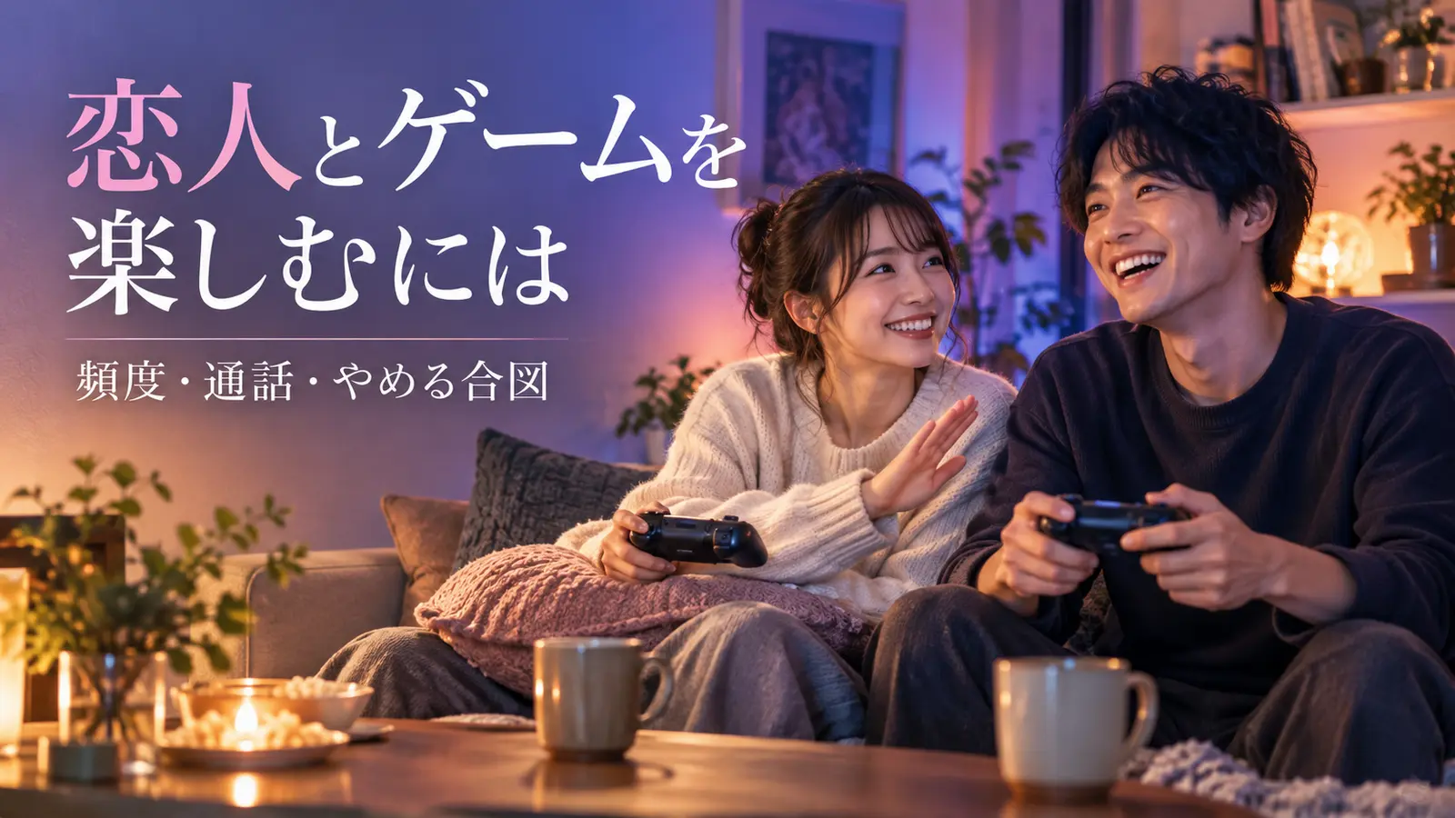 ゲームコントローラーを持つ二人が笑顔でプレイ中に話す様子