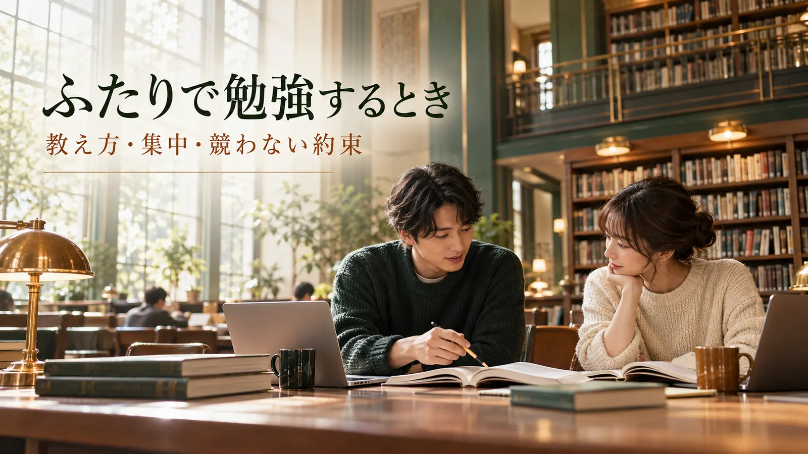 静かな図書館で開いた参考書を見ながら学習内容を確認する男女