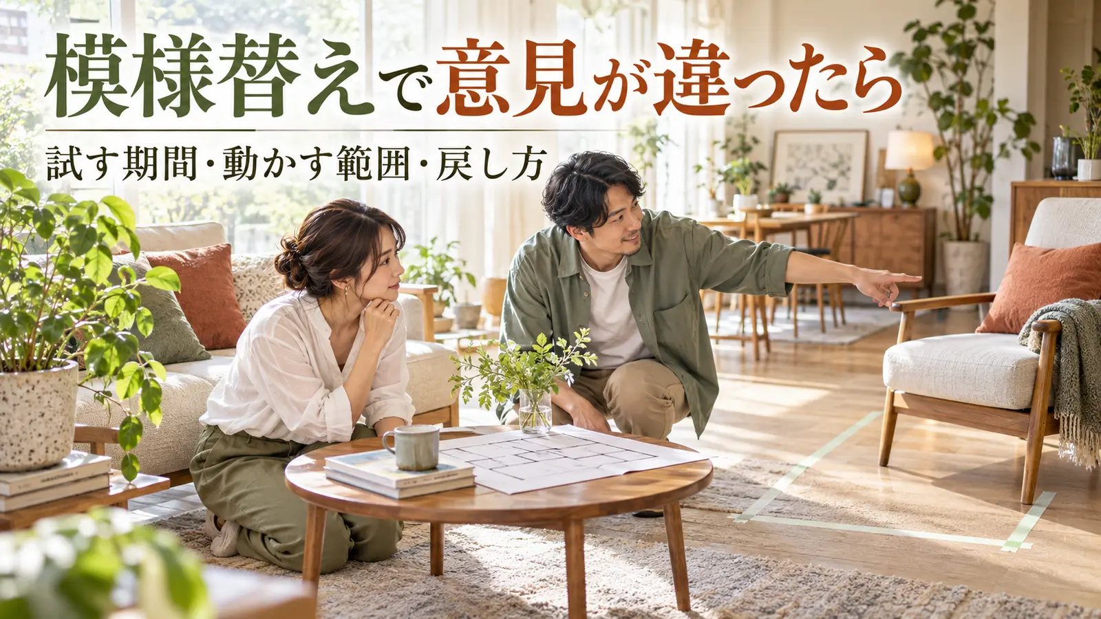 床に印をつけ椅子の配置を示し、模様替えを相談する二人