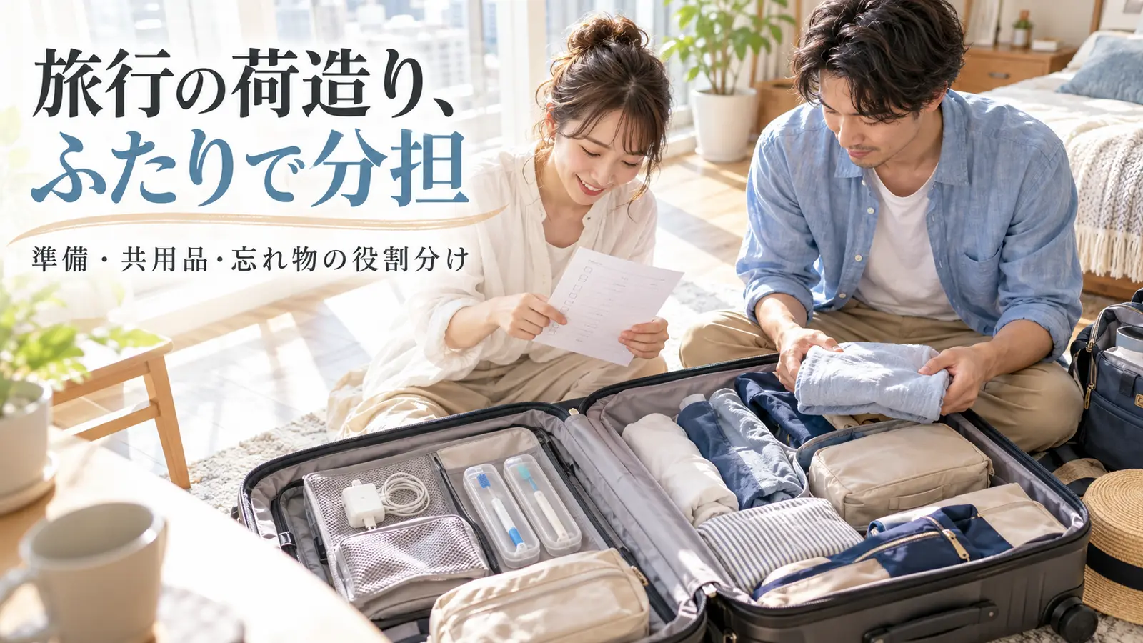 旅行前のリビングで開いたスーツケースを囲み衣類や共用品を二人で準備する様子