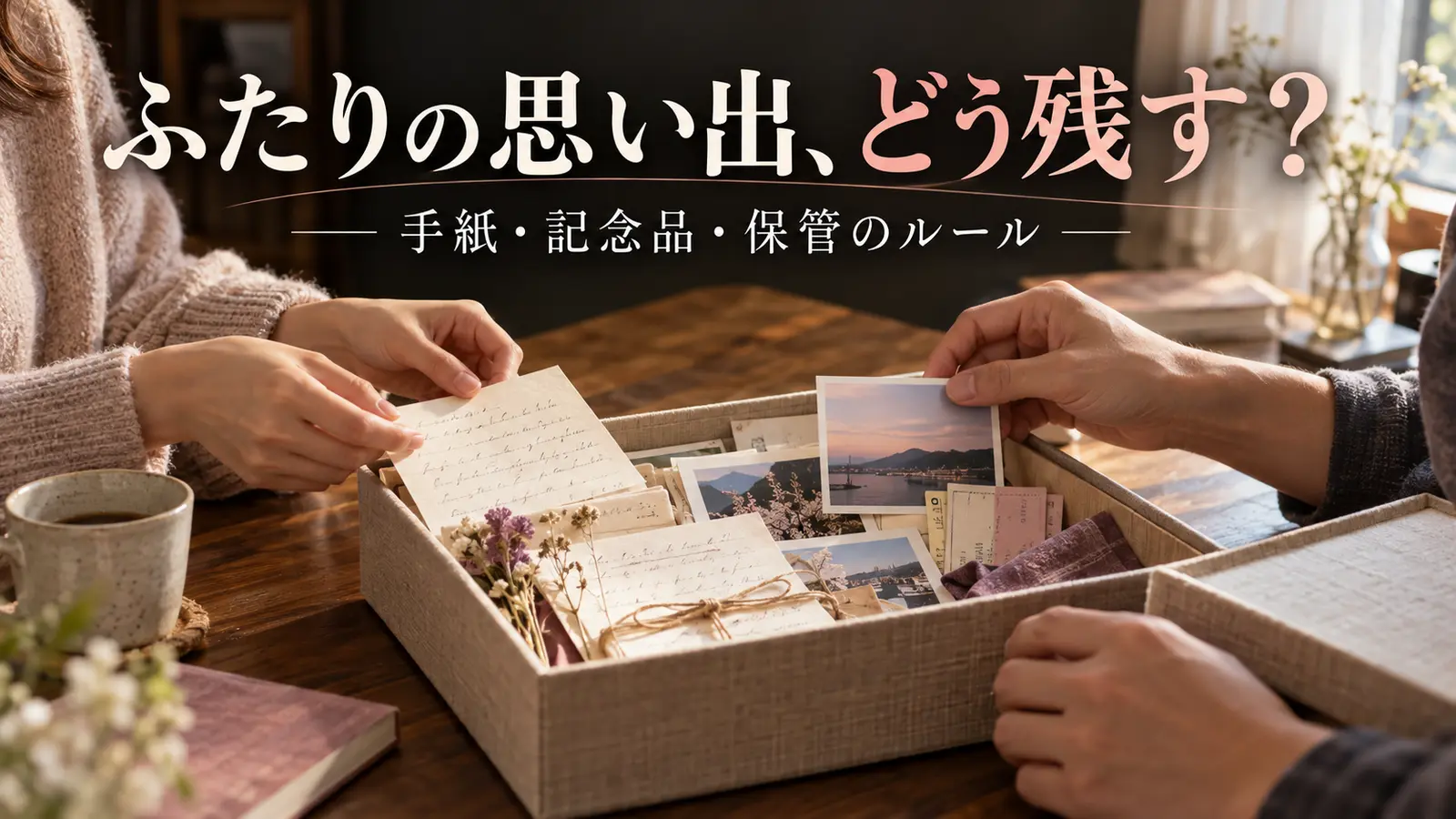 手紙や写真やチケットを思い出の箱に大切に収める二人の手元
