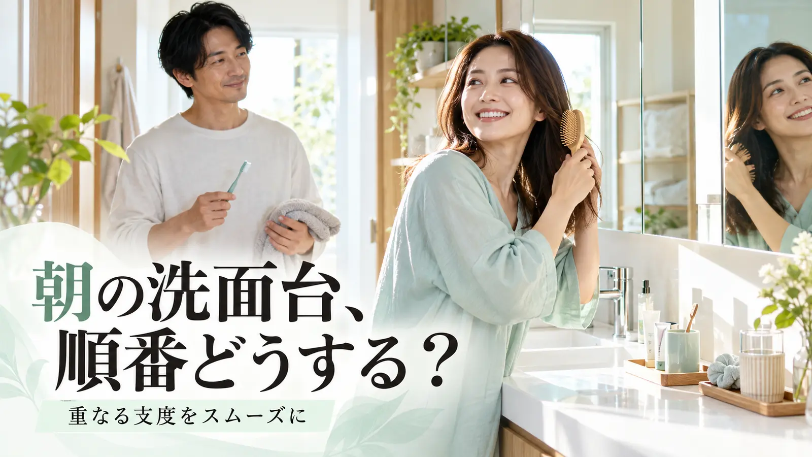 朝の日差しが入る洗面所で歯ブラシとヘアブラシを持ち使う順番を調整する男女
