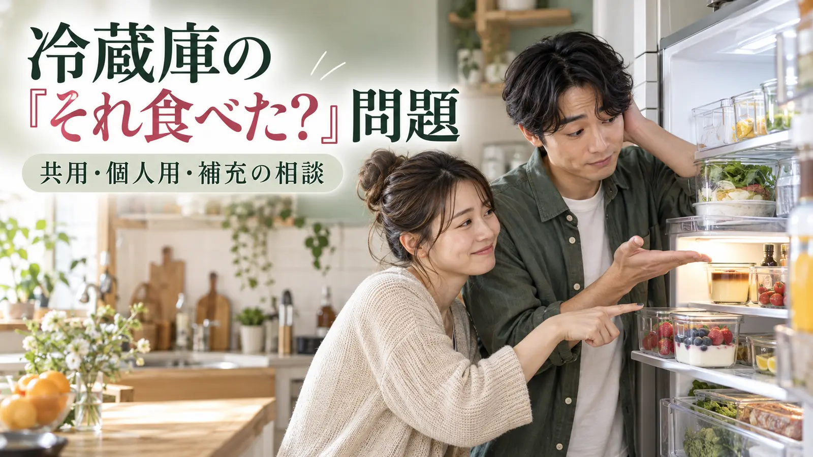 冷蔵庫を開けて共用の食べ物と個人用のデザートについて話す男女