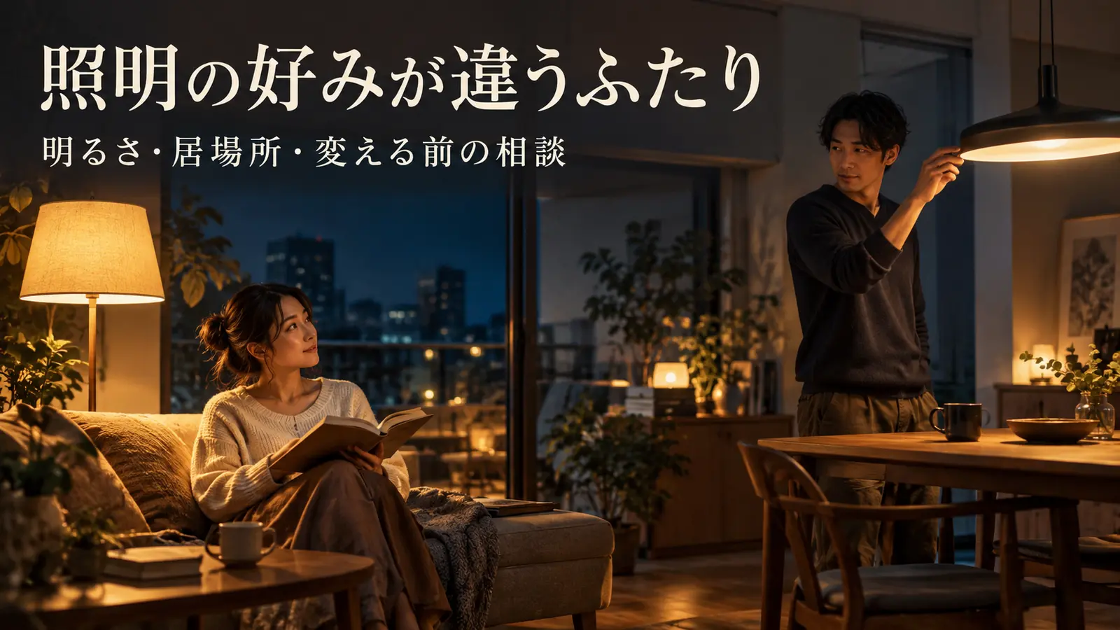 夜のリビングで間接照明の好みや明るさを話し合う恋人たち