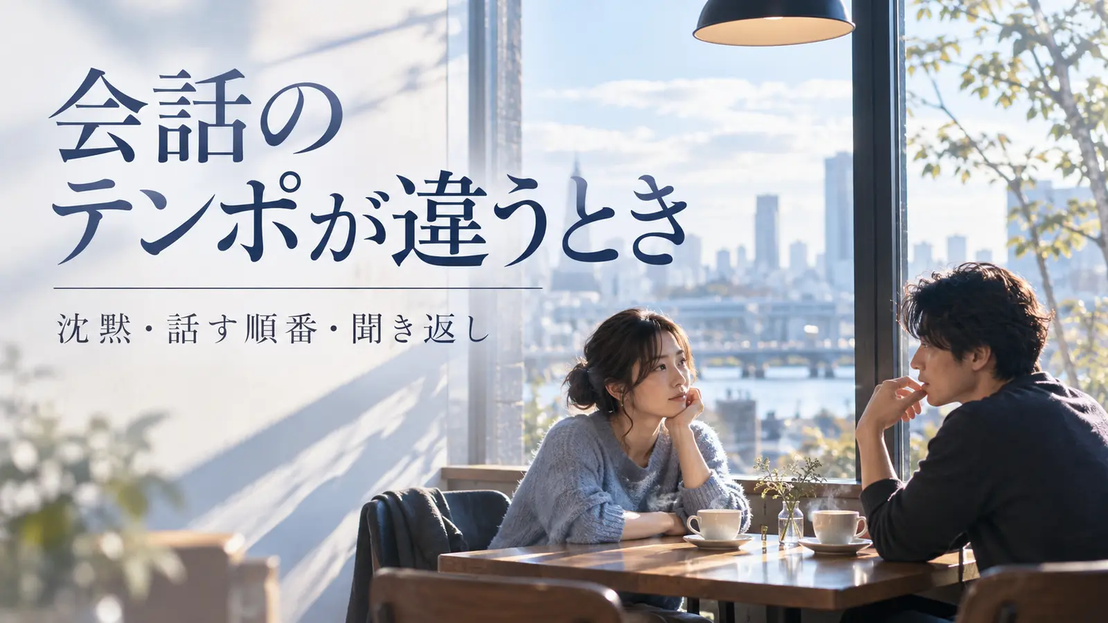 窓際のカフェで静かな間を挟みながら会話する男女
