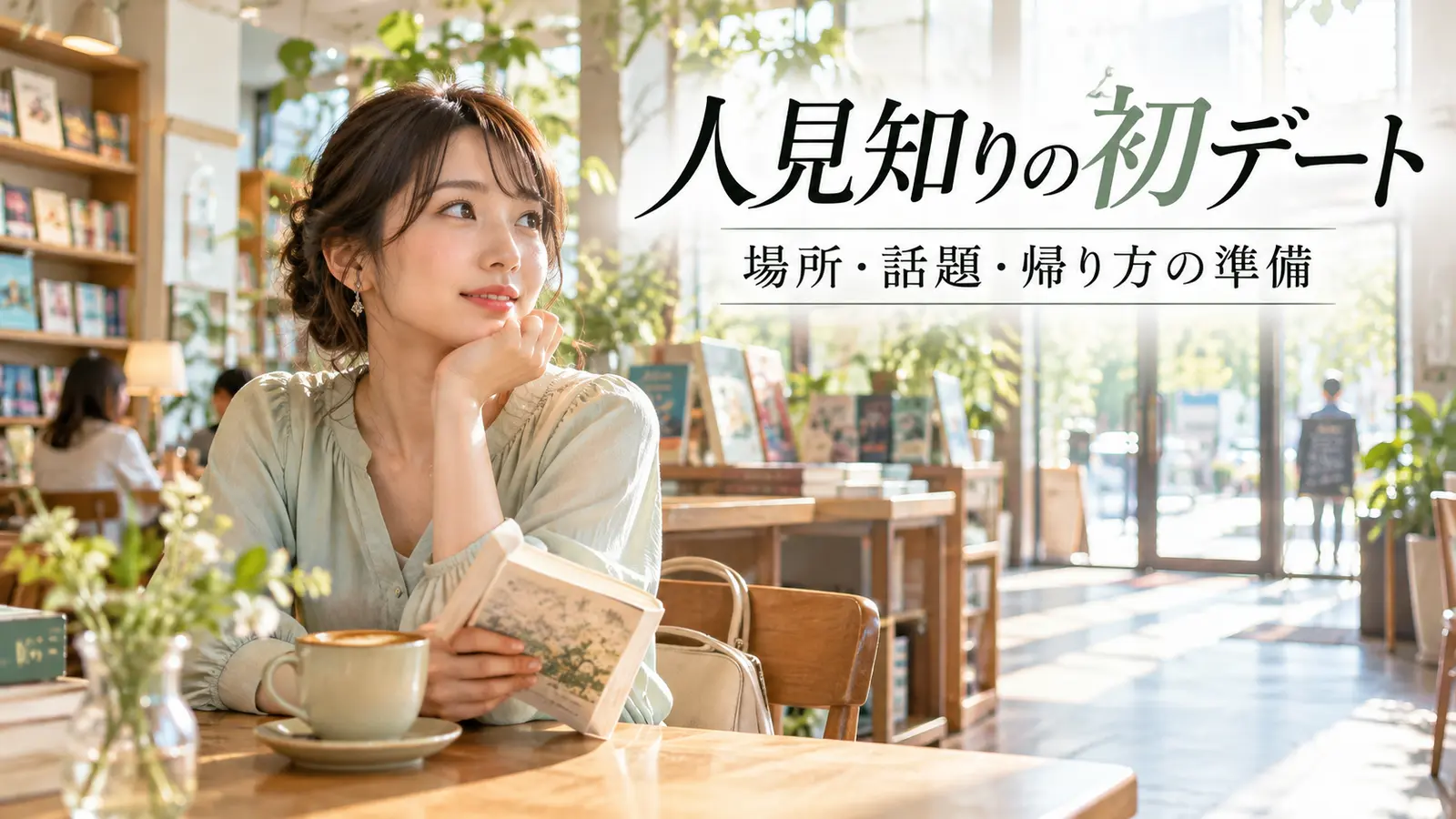 初デートの待ち合わせ前に明るいブックカフェで気持ちを整える女性