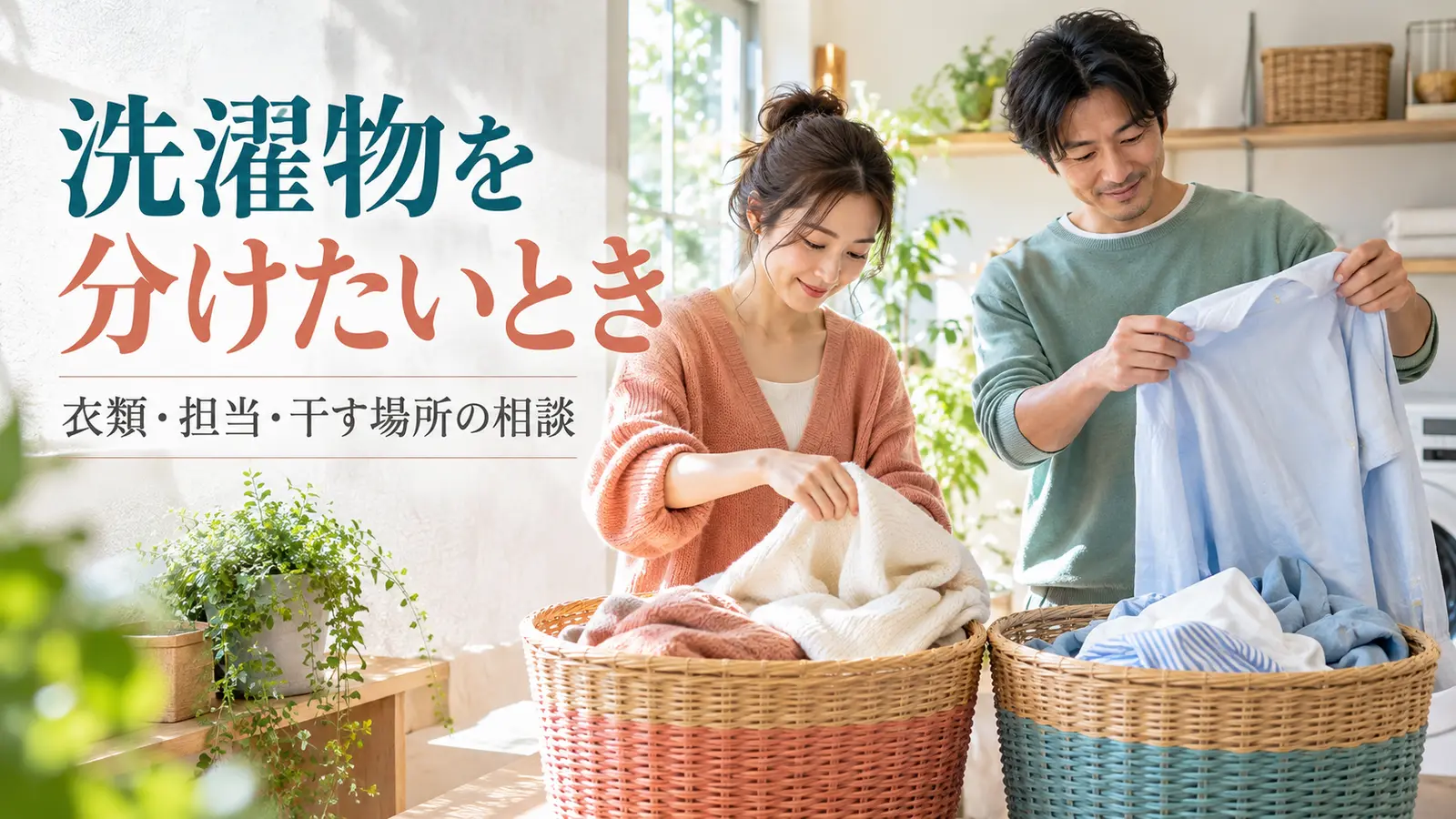 朝のランドリールームで衣類の仕分けと担当を話し合う恋人たち