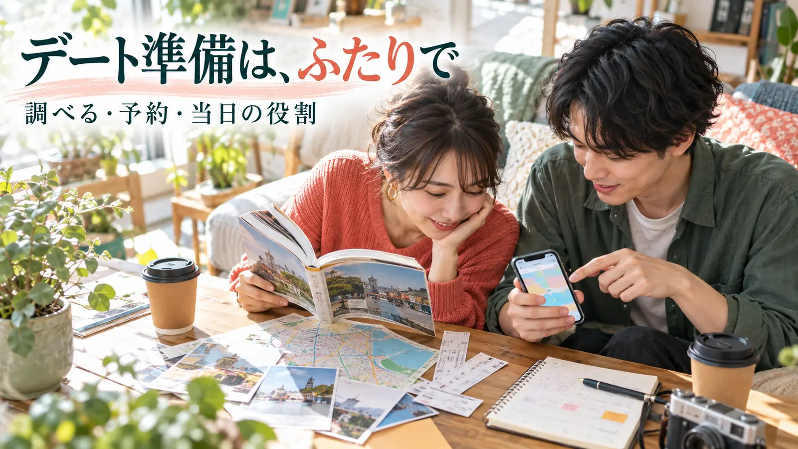 自宅で週末のデートの調査や予約の分担を考える男女