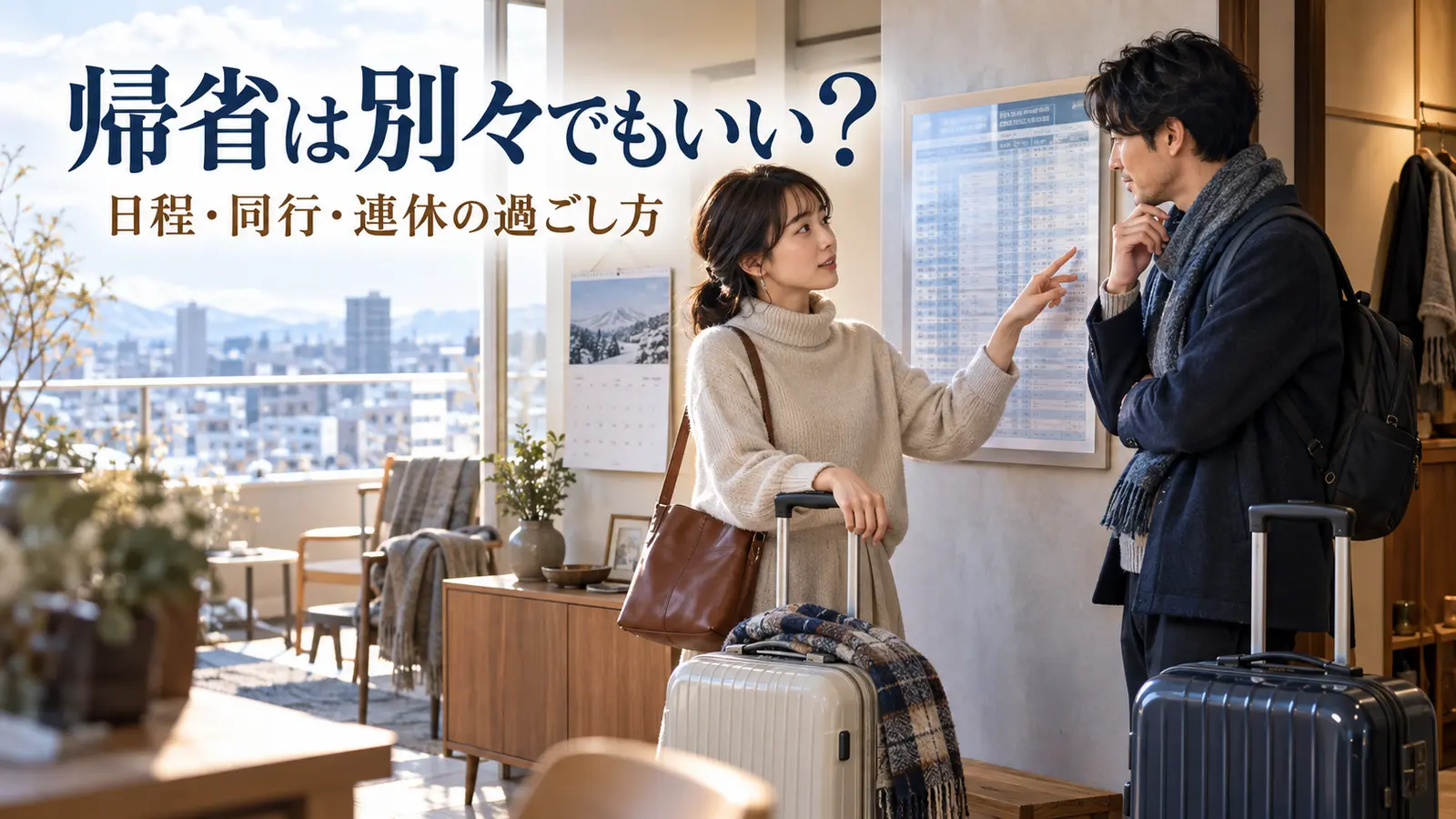 別々に帰省する予定を部屋でスーツケースを前に相談する二人