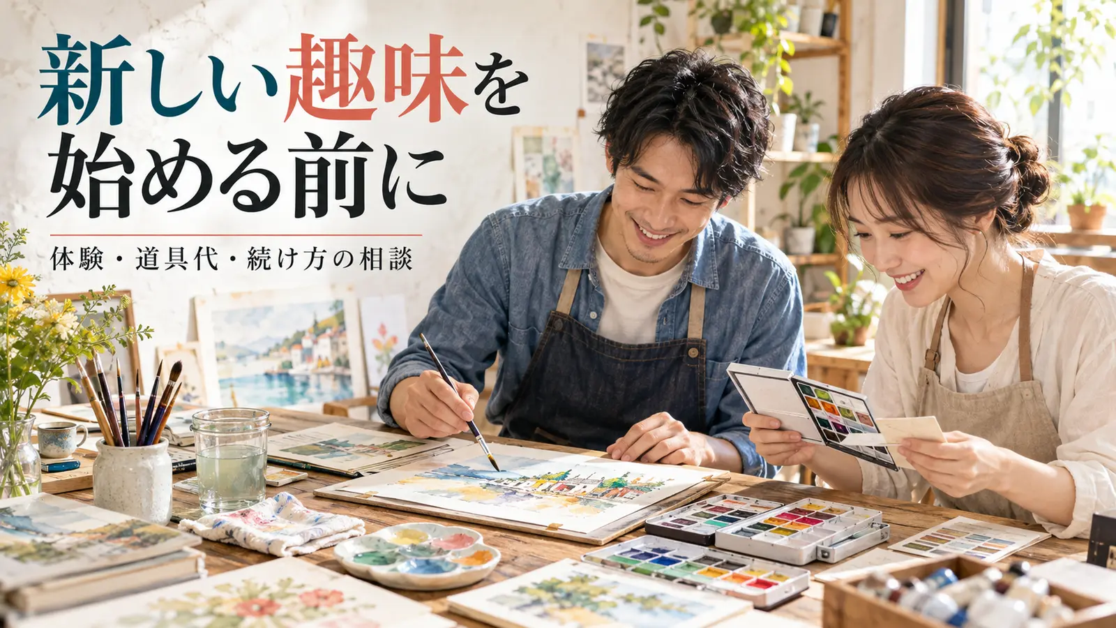水彩画の体験教室で道具や続け方を考えながら絵を描く男女