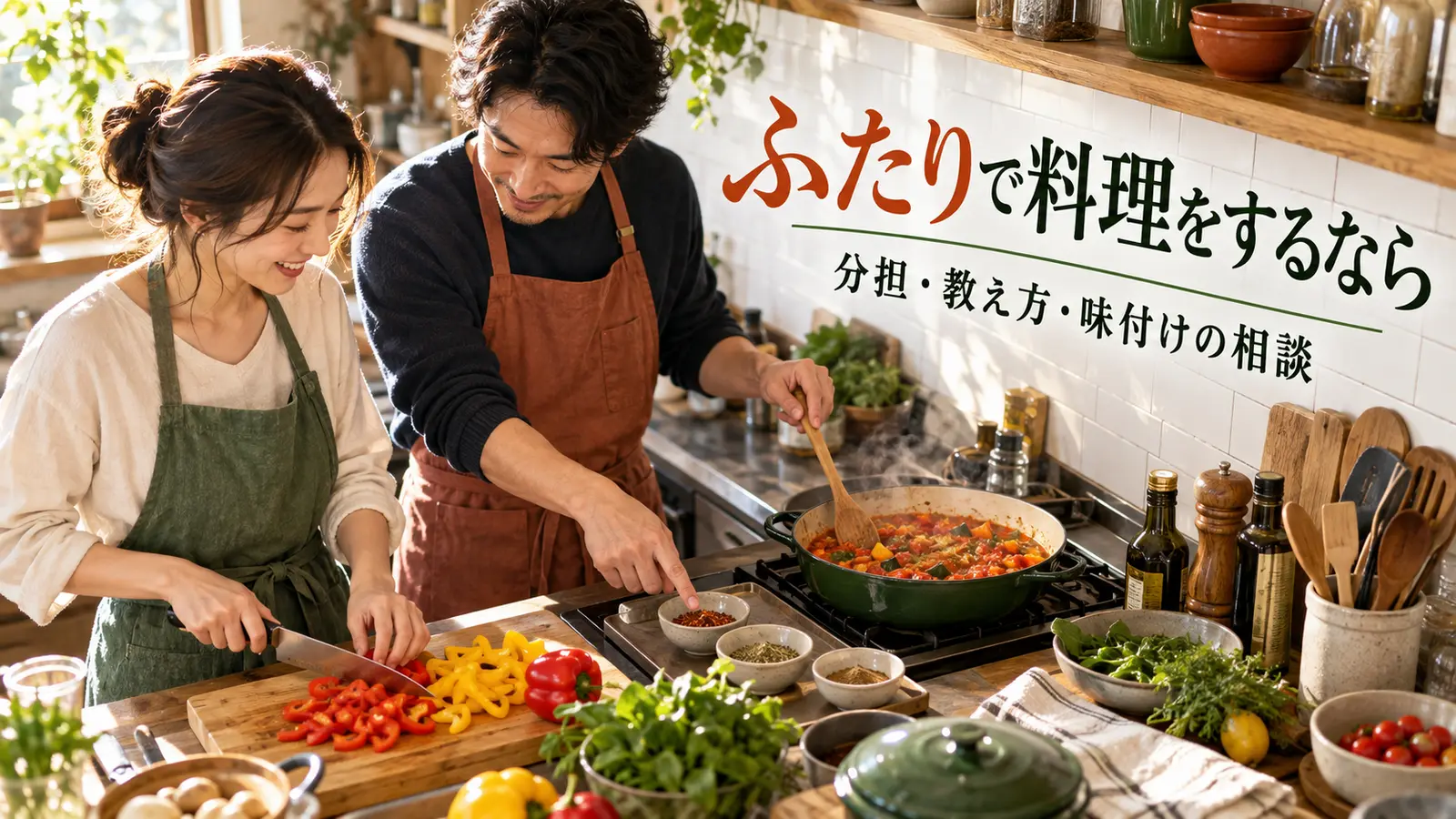 キッチンで野菜を切る役と鍋を混ぜる役に分かれて料理する男女