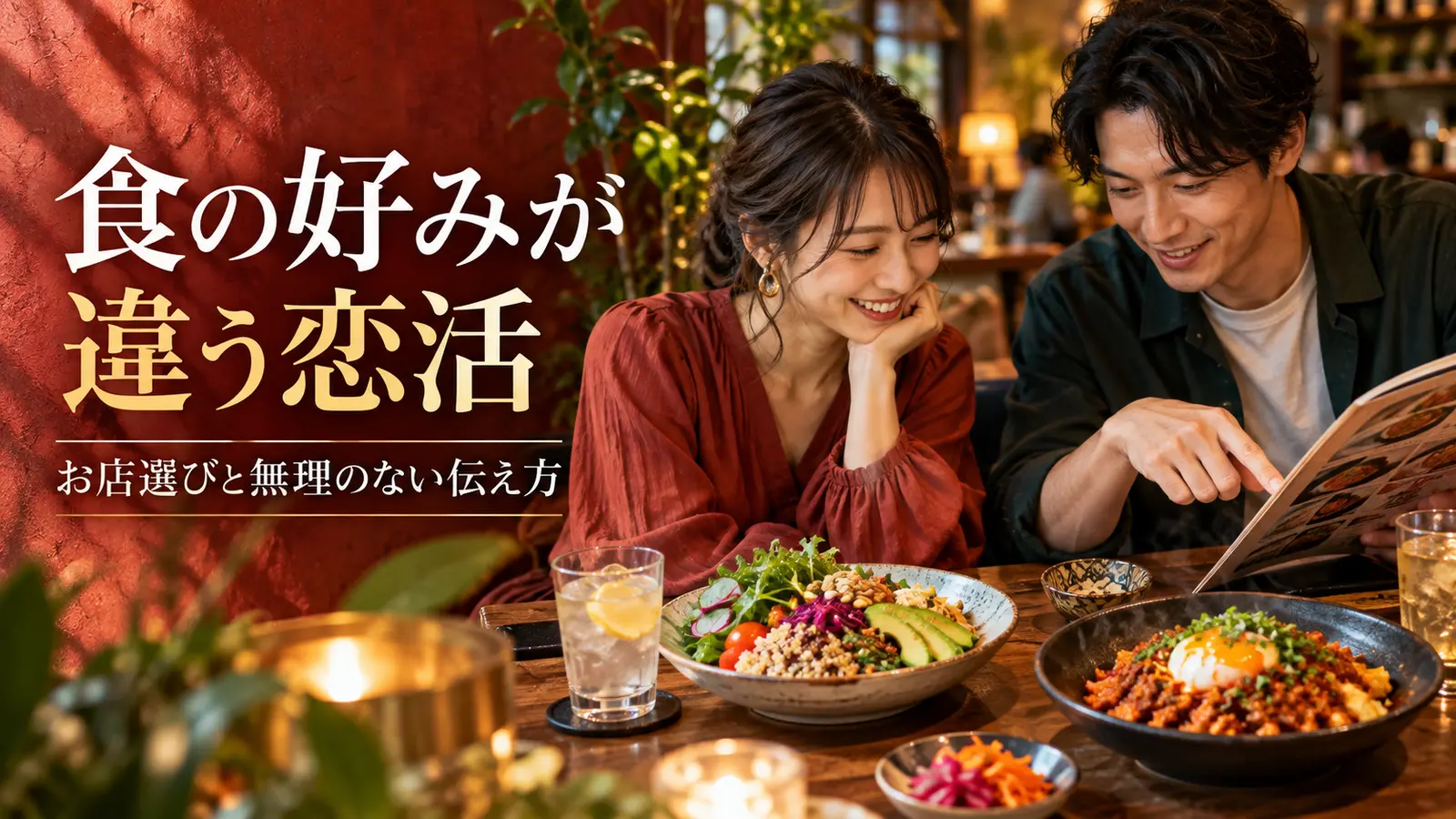 レストランで好みの違う料理を前にメニューを相談する男女