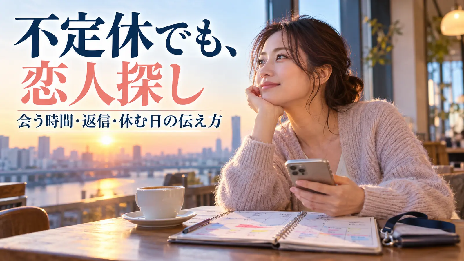 カフェで予定表とスマートフォンを確認して会う時間を調整する女性