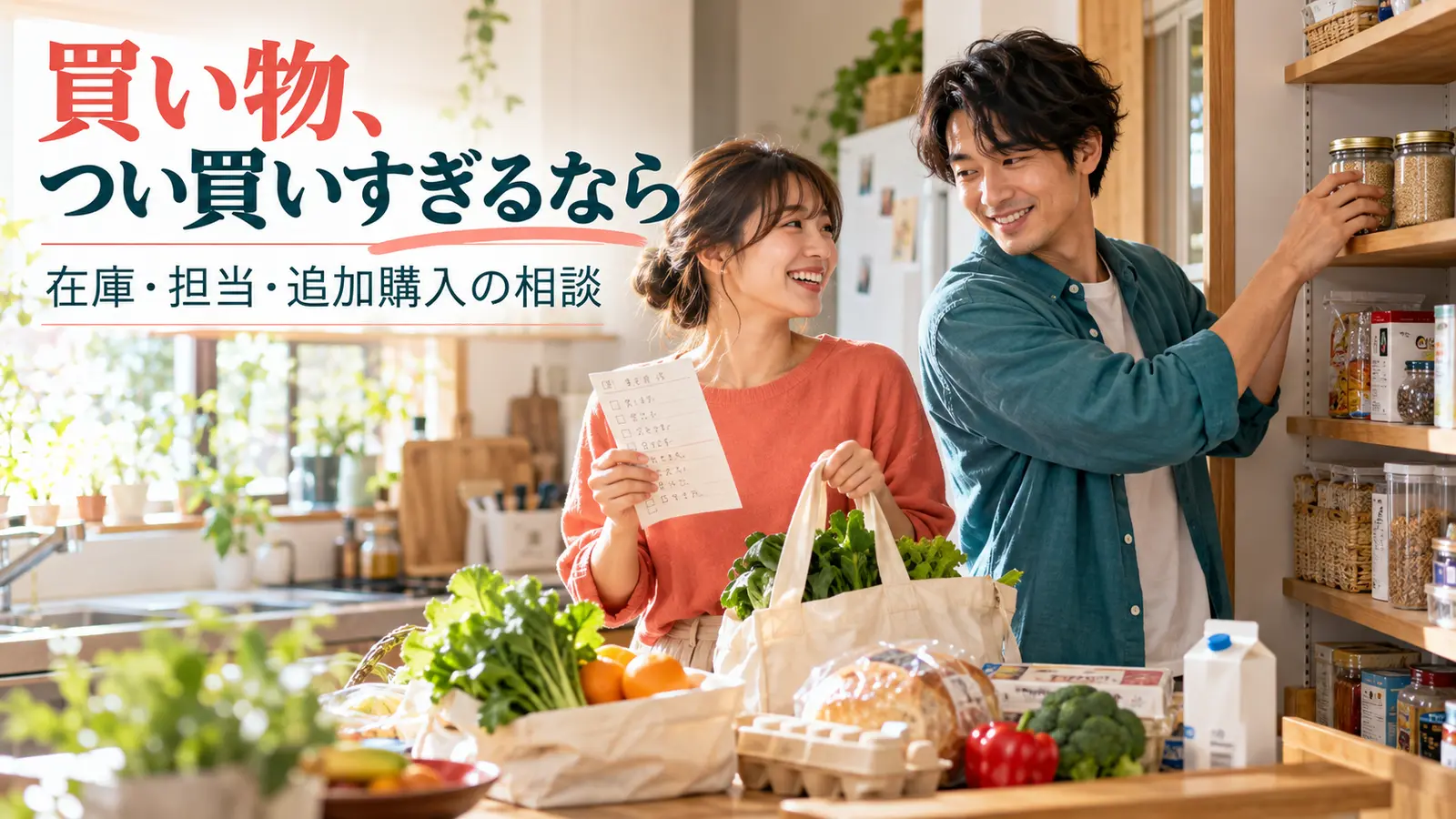 自宅のキッチンで買い物袋から食材を出し在庫や買う量を確認する男女