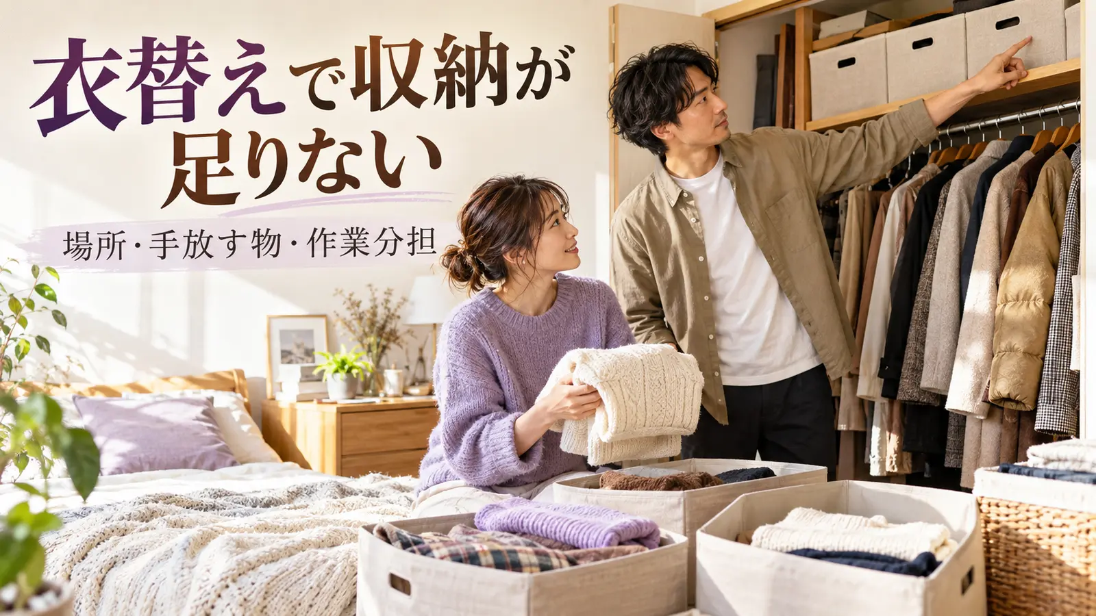 開いたクローゼットの前で冬物の衣類と収納箱を仕分ける恋人たち