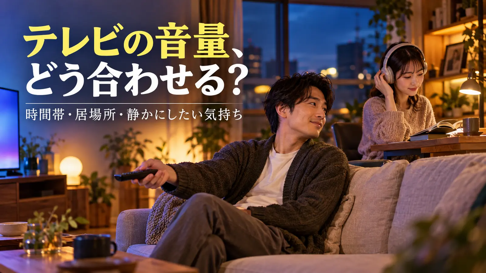 テレビのリモコンとヘッドホンを前に静かな時間の希望を話す男女