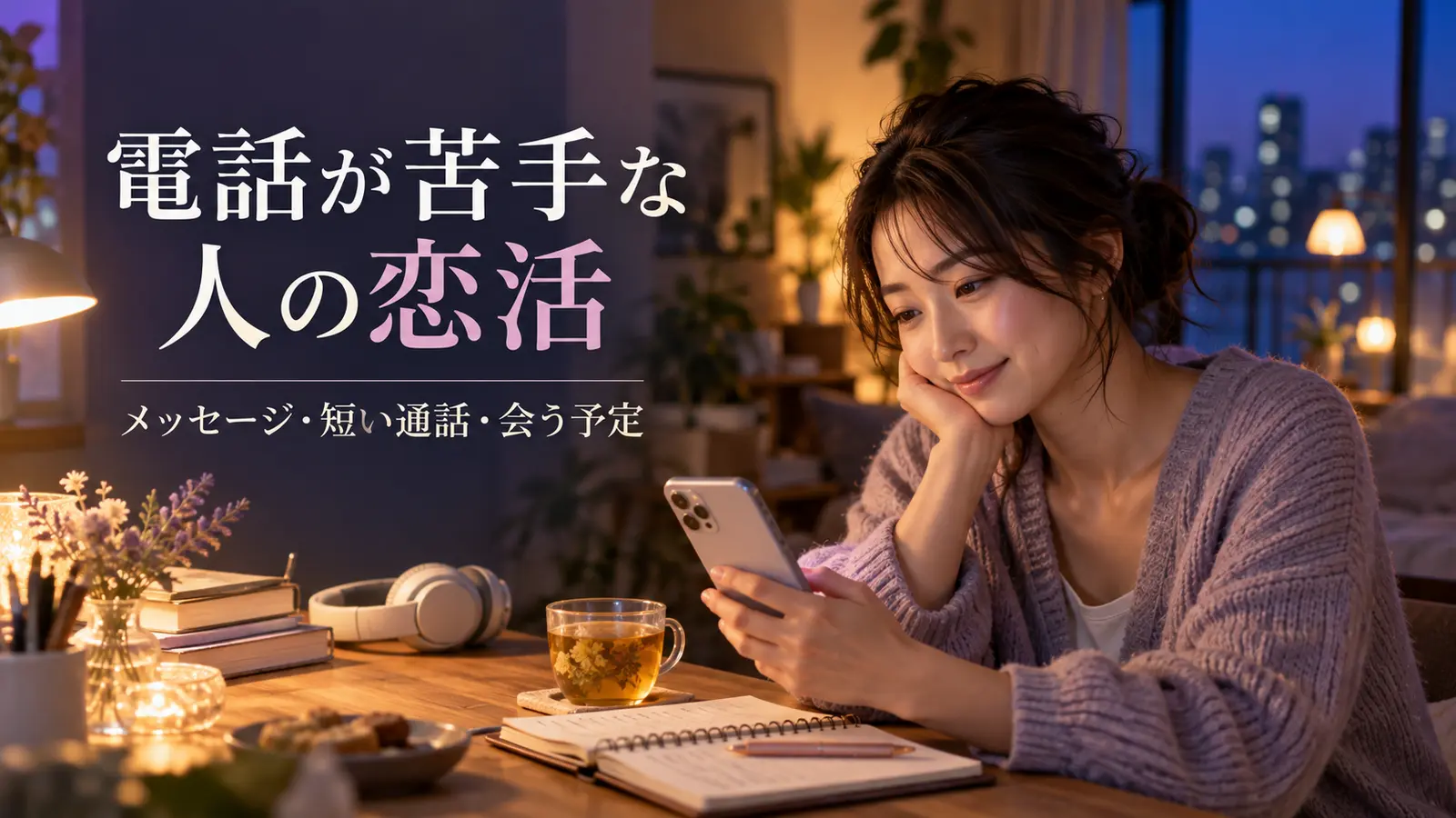 夕暮れの自宅で電話以外の連絡方法を考えながらスマートフォンを持つ女性